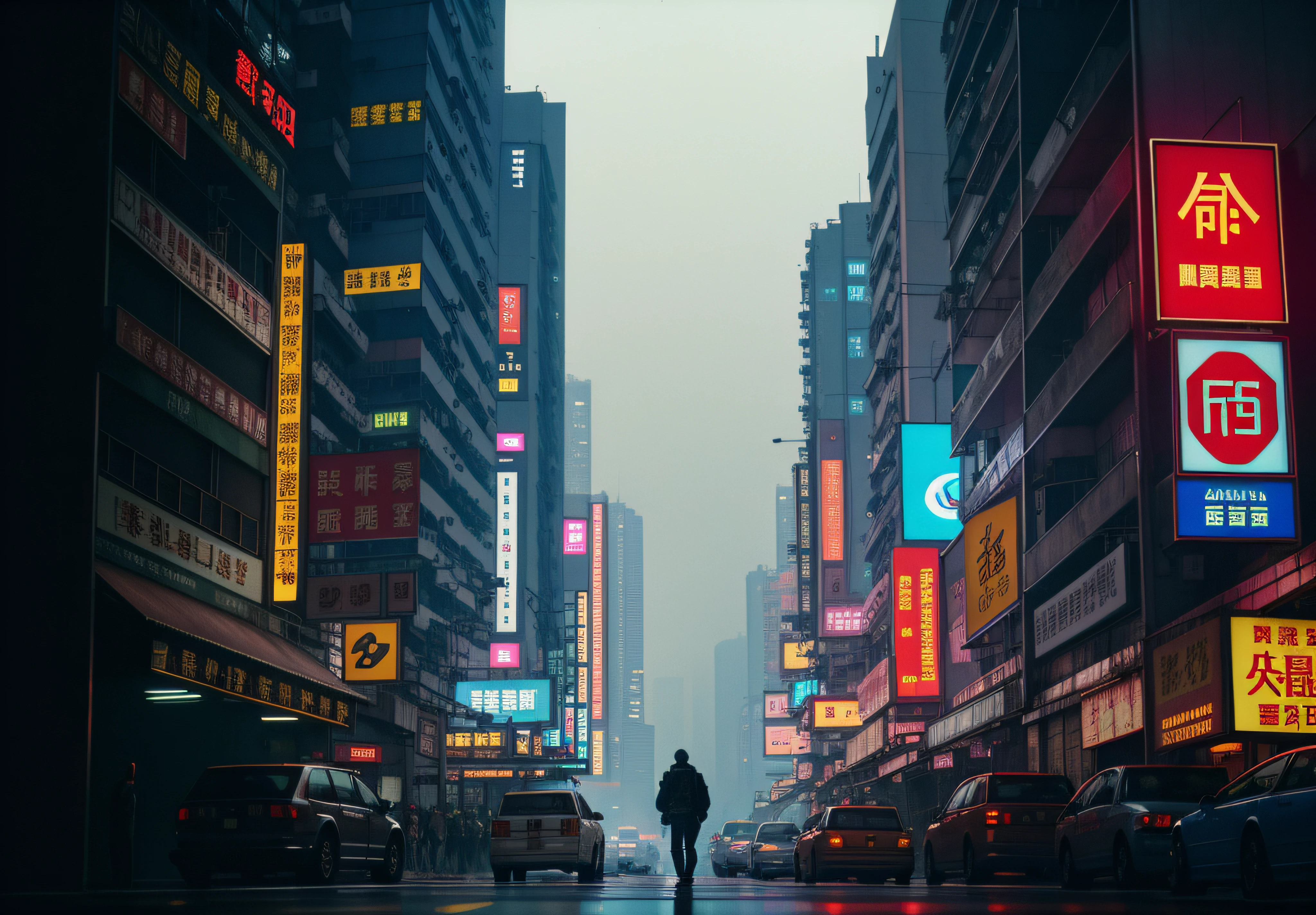 Hong Kong streets，dystopian，（bldrnrst:1.1），RAW，Cinematic，tmasterpiece，cinmatic lighting，（scenecy），photore（spread[Technologically advanced|rotten]Cyberpunk-city），（view over city：1.2），复杂，Evokes feelings of hopelessness，（author：Andrzej Dybowski），RTX，Cyberpunk art of a，（KODAK VISION3 500T Color Negative 35mm Film），Film scanning，（filmgrain），8k.