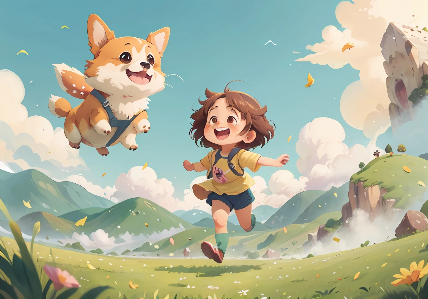 Cute flying dog Corgi in the clouds,A laughing little girl on the grass,Run with open hands,Flying dog Corgi looked at the little girl,Fluttering petals,Green mountains in the background,The background is clean and fresh,poster for,high qulity,anime big breast,pixar-style,