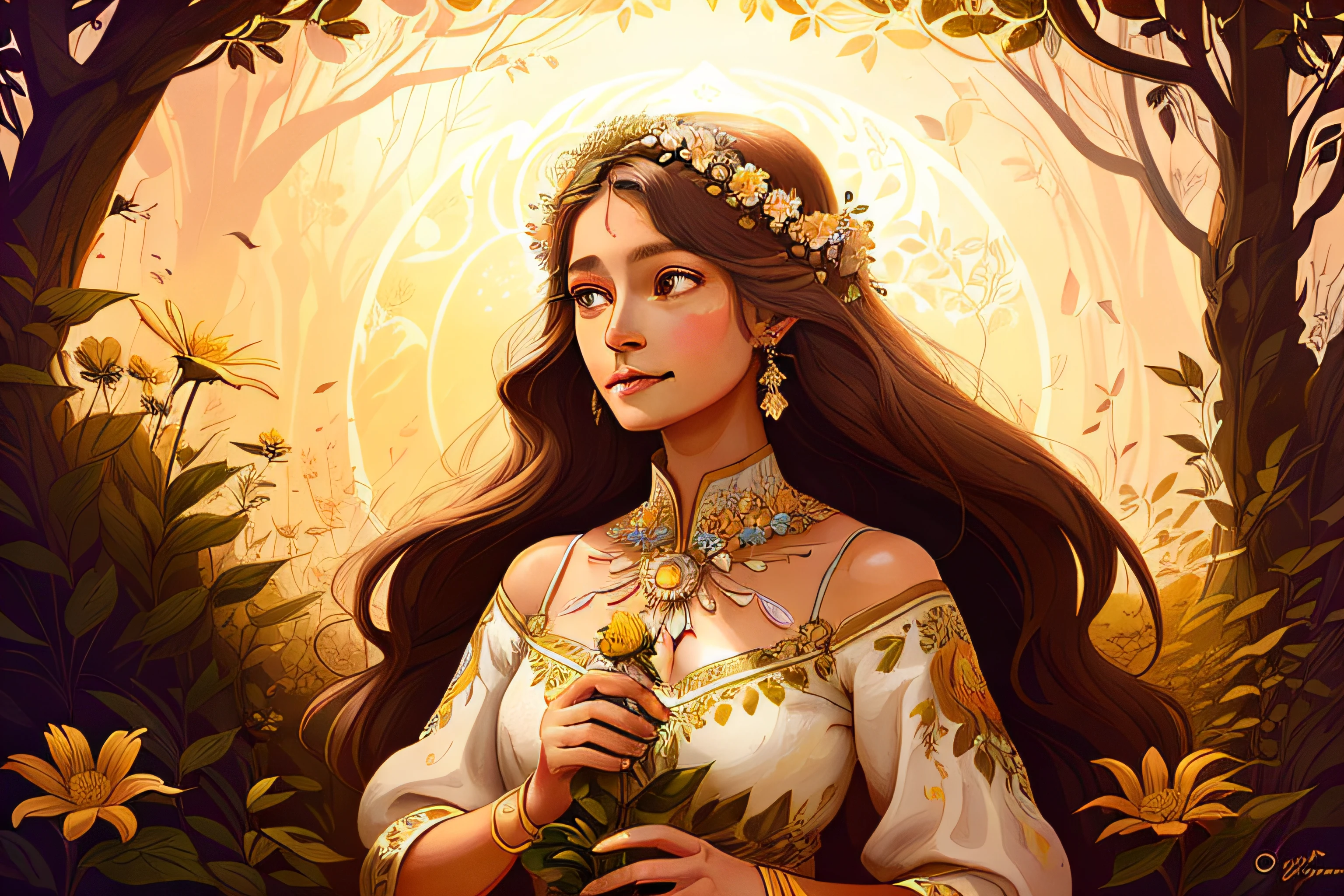 (illustration: 1.3), 1 mulher, lindo planeta Terra com flores na primavera,brown fur, (da artista Anna Dittman: 1), (((obra-prima))), (((melhor qualidade))), ((ultra-detalhado)),( luz detalhada),((uma luz extremamente delicada e bonita)),