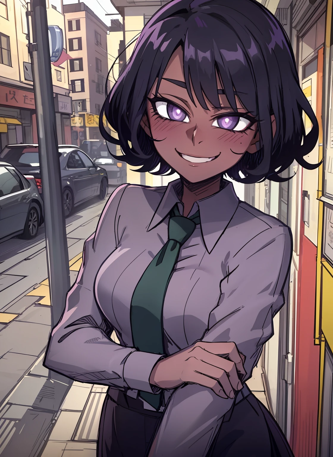 dark skin, short purple black hair, purple pupils, love in eyes, blushing, cute, smug, smile, rolling eyes, green necktie, short skirt, long sleeves