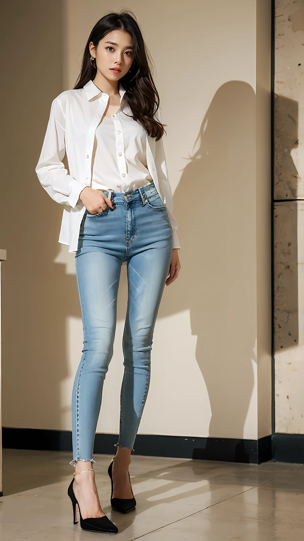 one-girl,Works of masters,HighestQuali,Highest image quality,8K分辨率,A beautiful 20-year-old girl,whitet-shirt,Blue skinny jeans,Black heels