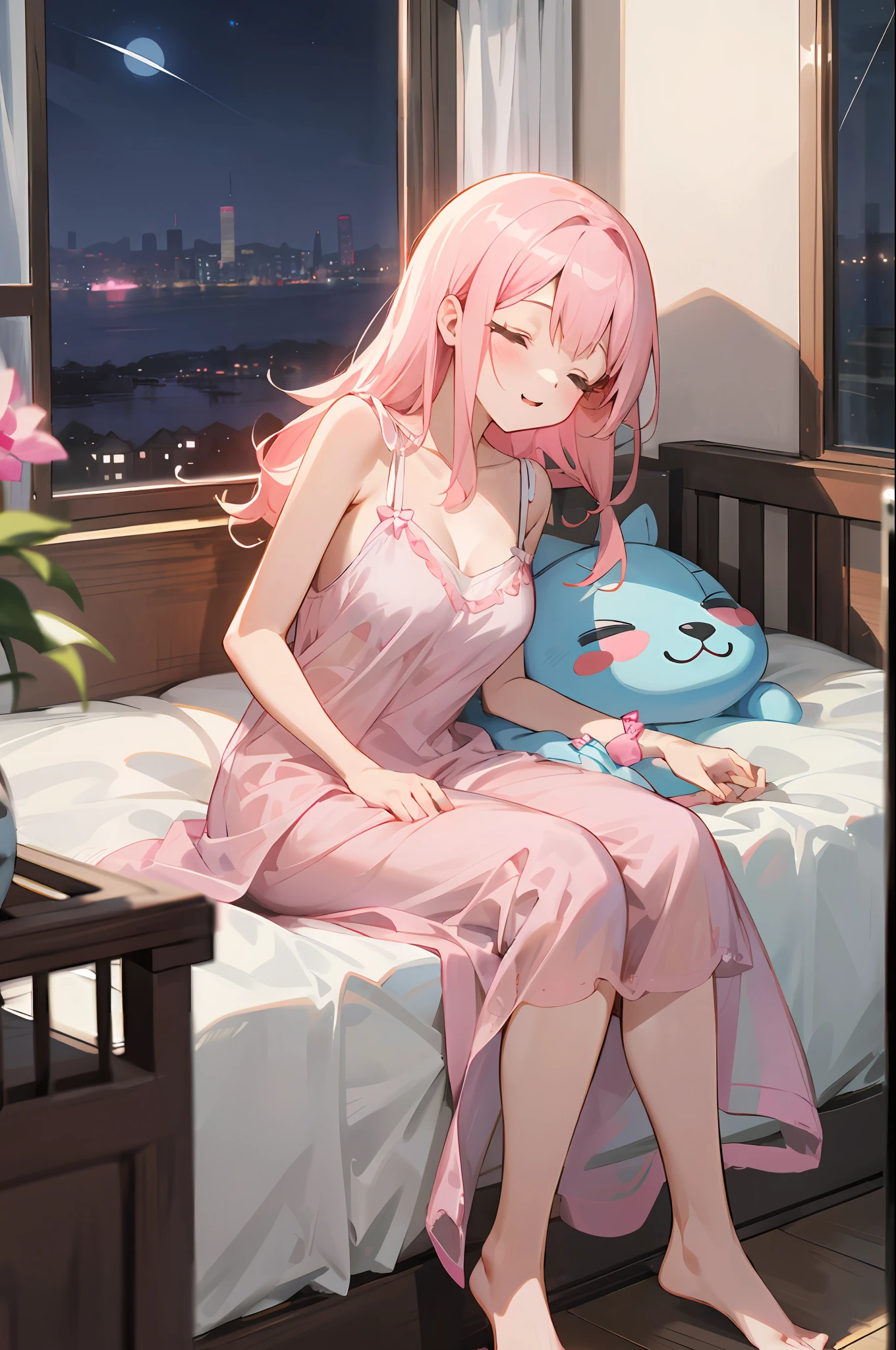 absurderes, hight resolution, ((masutepiece)), ((Best Quality)), (Ultra-detailed), ((Extremely detailed)), (Beautiful), ((Kawaii Girl)), (Lori:1.7), 独奏,14years、(deep in the night:1.6)、Beautiful face, full body Esbian、shiny long pale pink hair、Slender girl with moist hair, (medium breasts:1.6)、BREAK、(High Quality Cute Pink Pale Nightgown:1.3)、The upper part of the body、Cute sleeping face、Apartments in high-rise buildings、You can see the beautiful night view from the large window..、Curl up and sleep in a cute bed、See more、no-bra、Hide the chest with hair、(dim room:1.5)、Disheveled clothes、The chest is protruding、There is a large stuffed animal、The light in the room is off、see -through