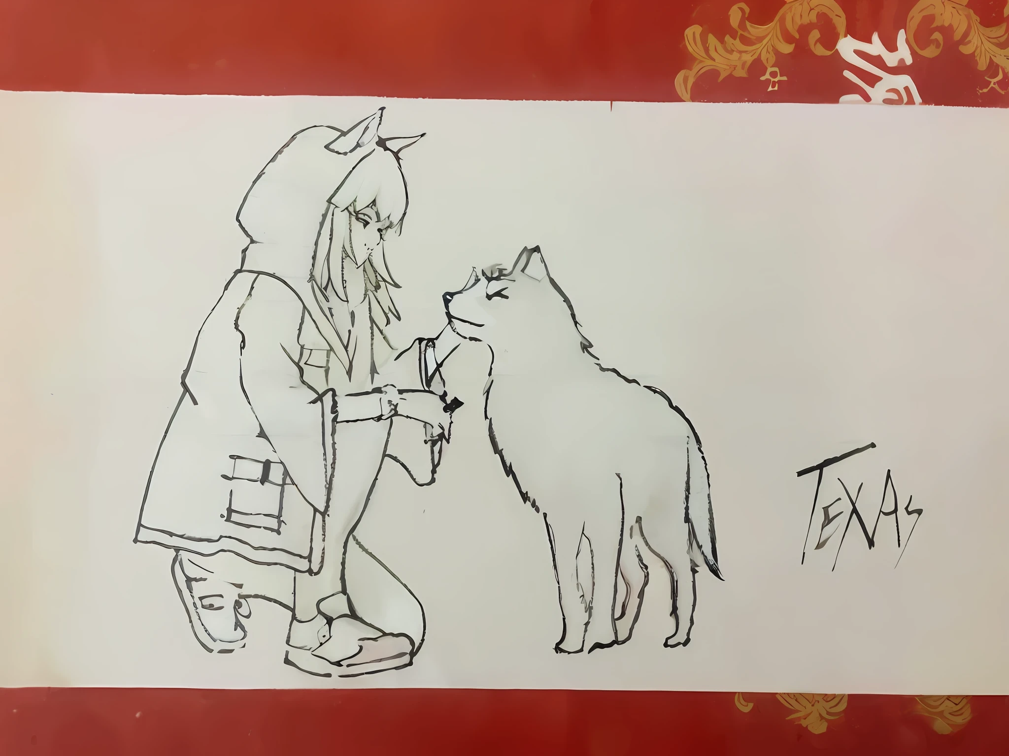 Painting of man and dog on red background, author:Middle Bokuhn, author:Yokoyama Grand View, author:Uesaka Seka, drawn on paper, wolf companion, author:Toshiei Nishida, author:Nakai Tsubasa, Anime Paintings, inspired by Tetsugoro Yorozu, author:Rei Kamoi, (ink mark)