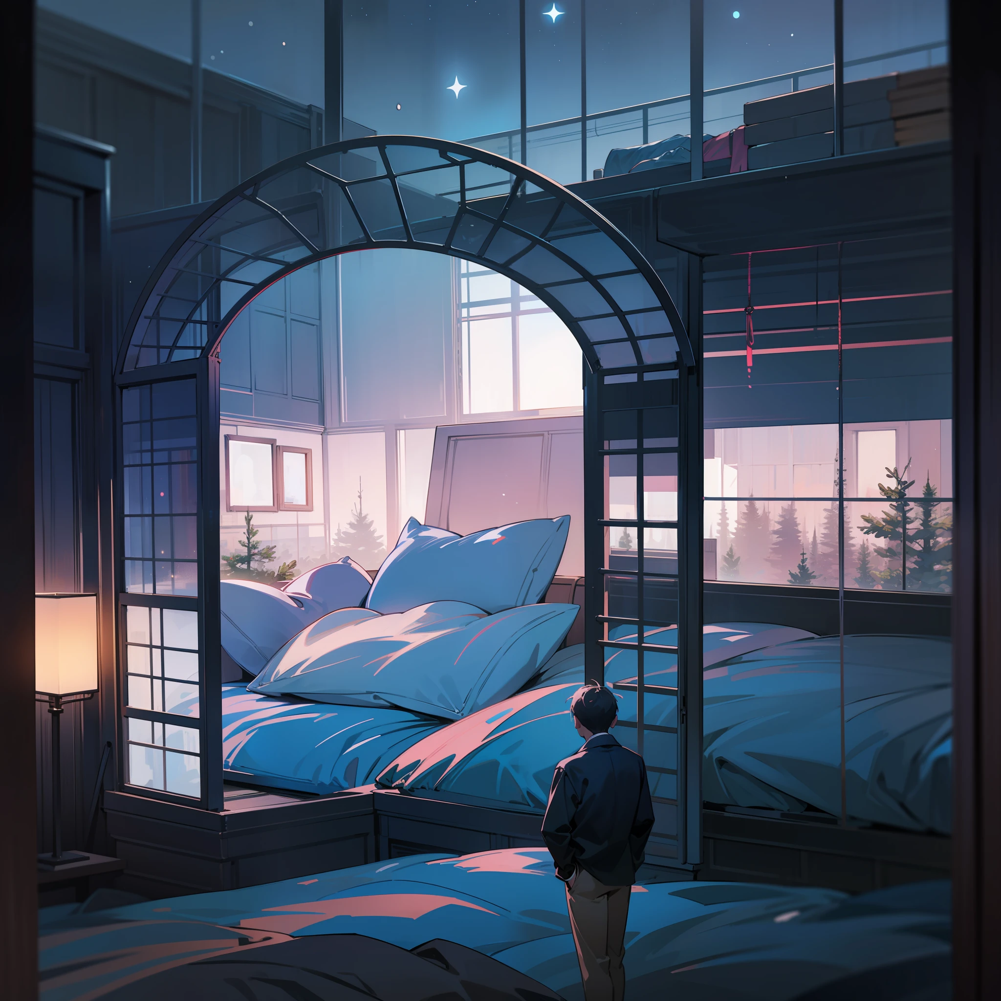 high-level image quality、4k、Room with large windows、Large bedroom、starrysky、Starry sky、grand、conifer、Big forest outside the window、deep in the night、darkened room、bedroom、futon bedding、kosmos、Starry sky seen from the window、Shadow of a person、One young man、silhuette、Fantastical、total darkness、dark sky、stele、The electricity is off、Inorganic room、Man Standing Outside Window、Inorganic room