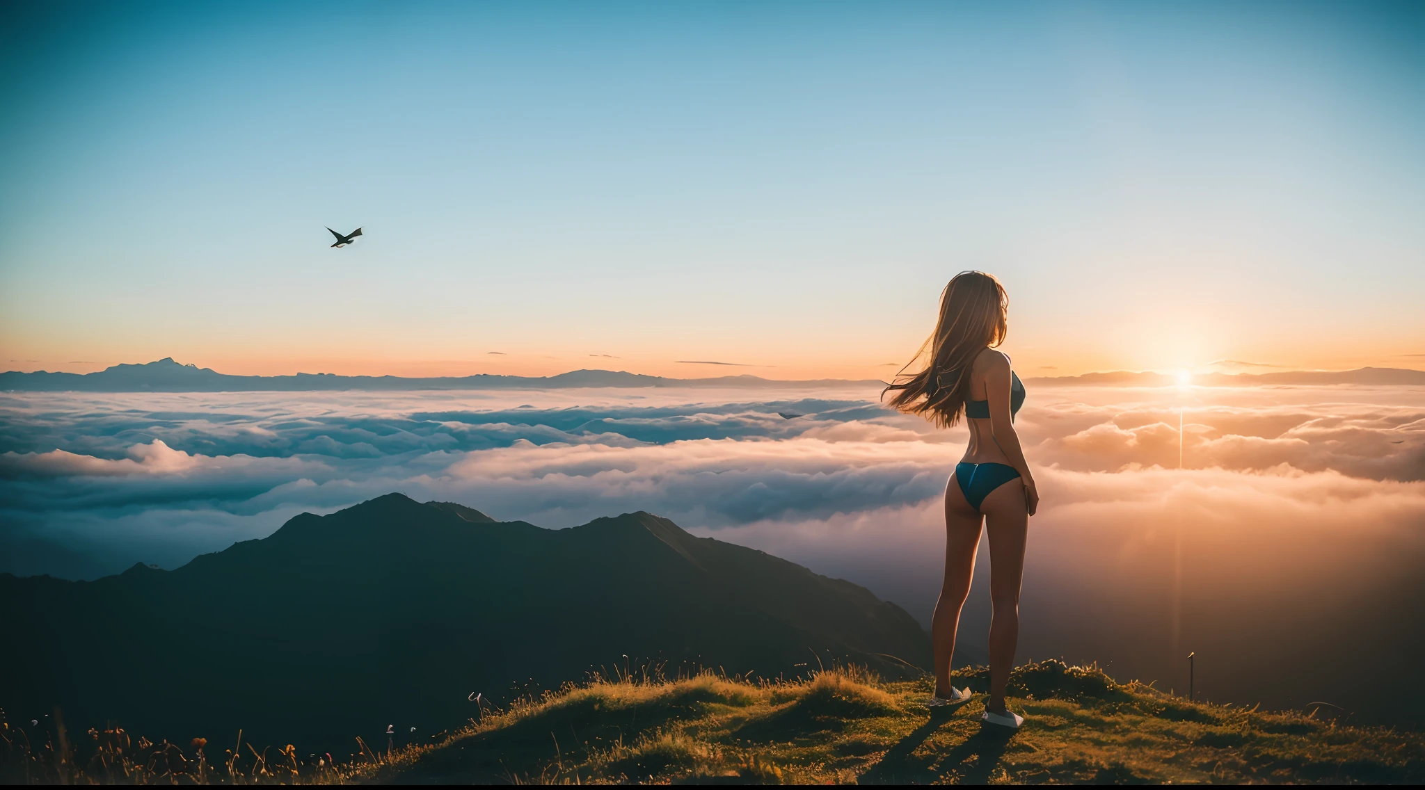 Ass, 1gyaru, Dark-skinned, (shiny oiled skin:1.2), wearing bikini, Looking at Viewer, View from the top of a high mountain, colorful fog, Colorful Cloud, sony a7, Film grain, Sunset, the golden hour, Cinematic lighting, Photorealistic, one-point perspective, 32K, diffuse reflection, colorful shiny particles, Lens Flare, sharp reflection light, Flying birds