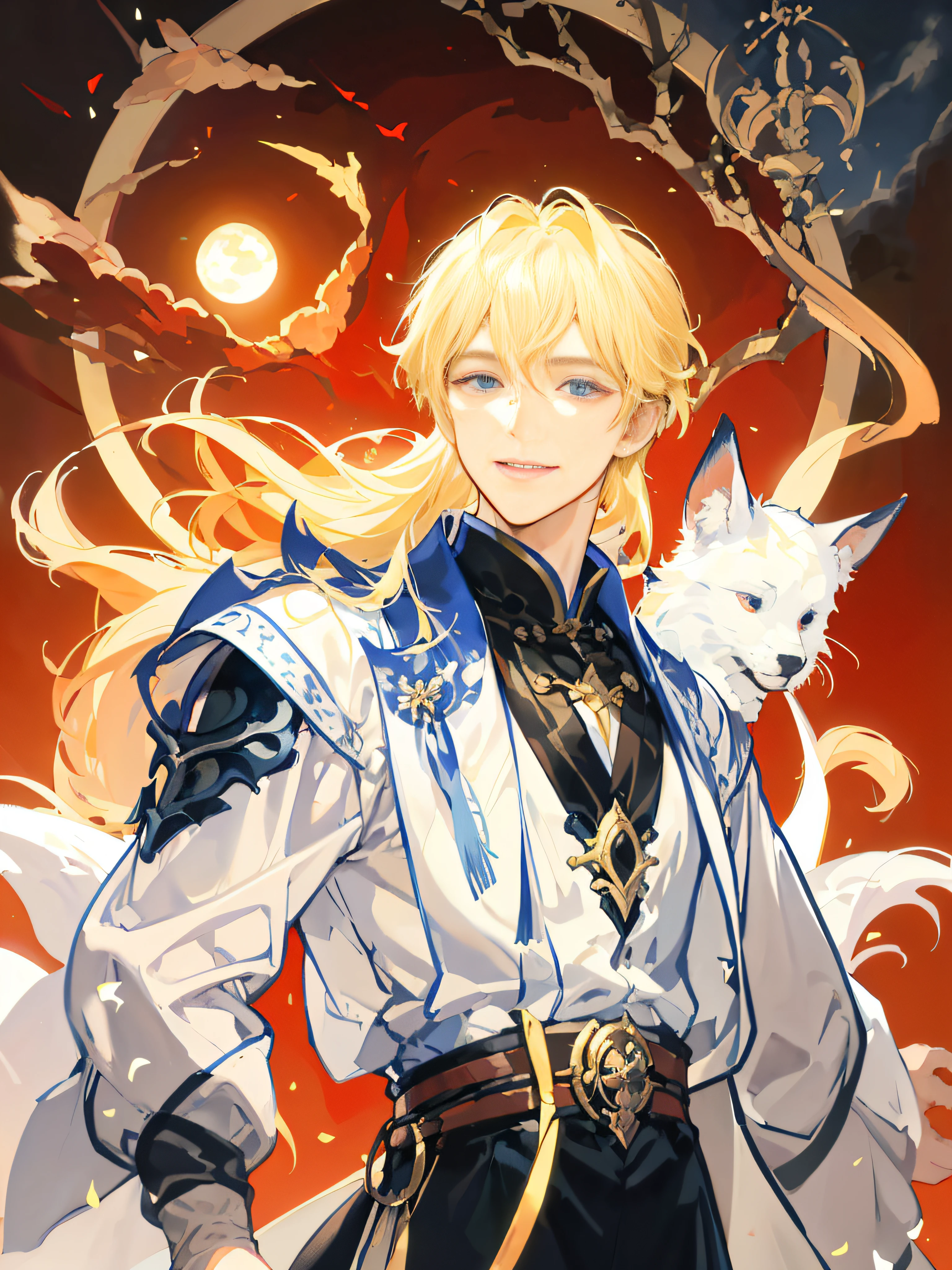 Image of a man with a smile, portrait of magical blond prince, handsome guy in demon killer art, Inspired by Bian Shoumin, Beautiful androgynous prince, inspired by Yang Jin, by Yang J, casimir art, Detailed fanart, Anime fantasy illustration, highly detailed exquisite fanart, Beautiful celestial mage, anime in fantasy style,Under a clear sky,Radiant,Full of sunshine and warmth。Cheerful smiles bloom in front of people,The eyes are full of innocence and joy。Any worries will disappear,It's as if they were banished,Only stupid happiness remains。