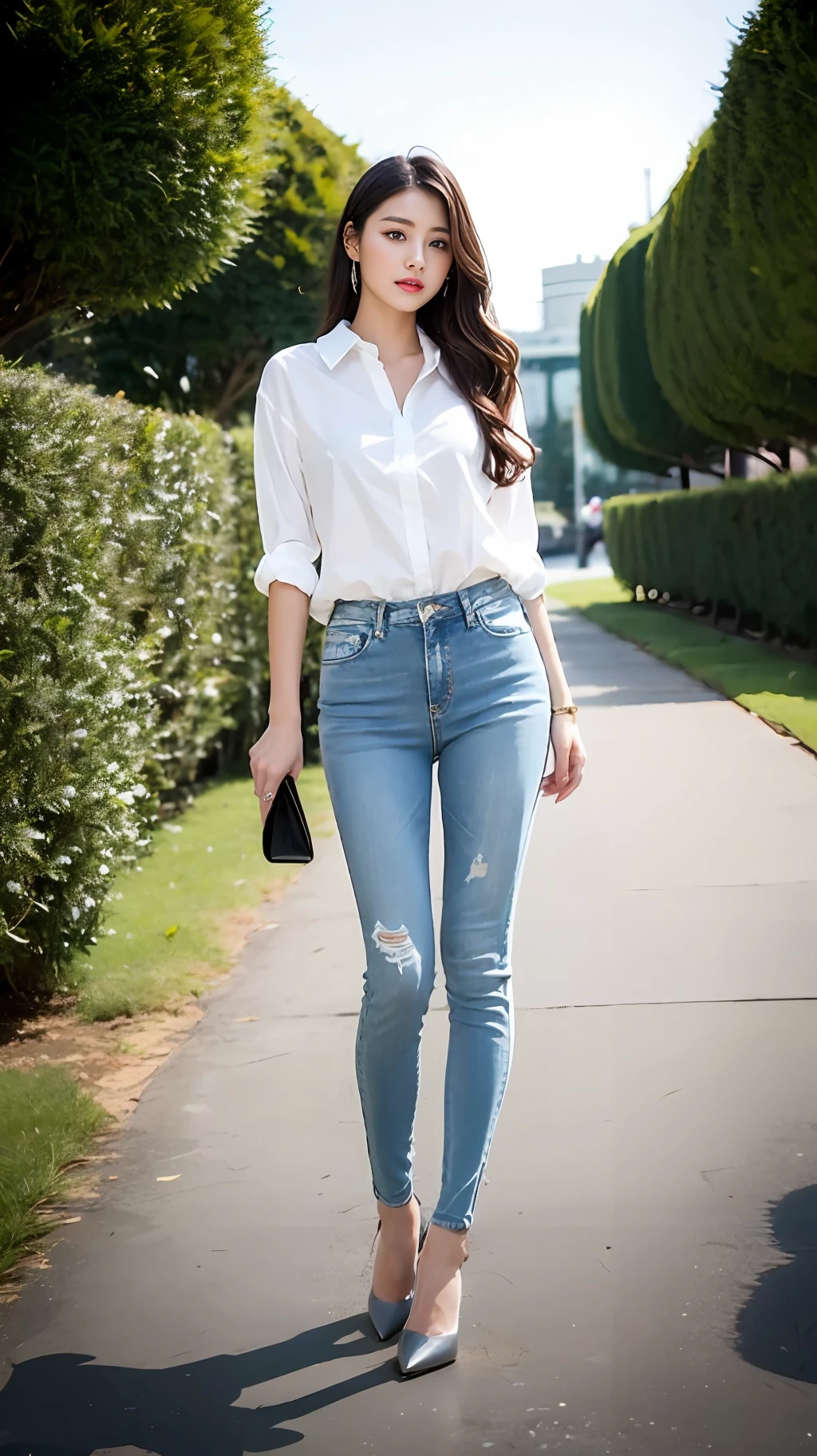 one-girl,Works of masters,HighestQuali,Highest image quality,8K分辨率,A beautiful 20-year-old girl,whitet-shirt,Blue skinny jeans,Black heels