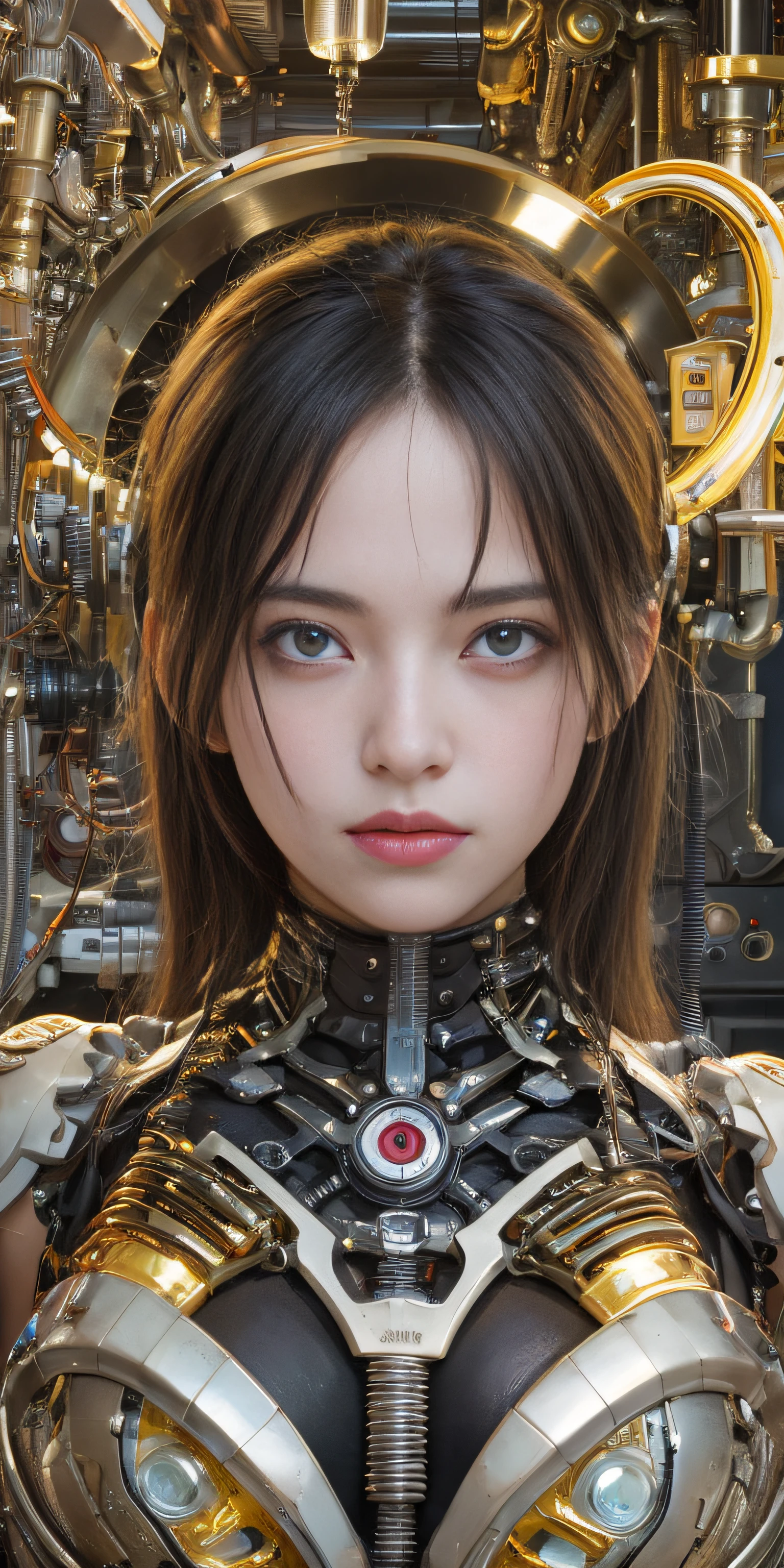 Top Quality, Masterpiece, Ultra High Resolution, (Photorealistic: 1.4), Raw Photo, 1 Girl, Black Hair, Glossy Skin, 1 Mechanical Girl, (Ultra Realistic Details)), Portrait, Global Illumination, Shadows, Octane Rendering, 8K, Ultra Sharp, Big, Cleavage Exposed Raw Skin, Metal, Detail of Intricate Ornaments, Steampunk details, Matsumoto meter, meter, vacuum tube, nixie suga, oil pressure gauge, glass tube, analog meter, gears, golden hydraulic cylinder, very intricate detail, realistic light, CGSoation trend, purple eyes, glowing eyes, facing the camera, neon details, mechanical limbs, blood vessels connected to tubes, mechanical vertebrae attached to the back, mechanical cervical attachment to the neck, sitting, wires and cables connecting to the head, Evangelion, small LED lamps,