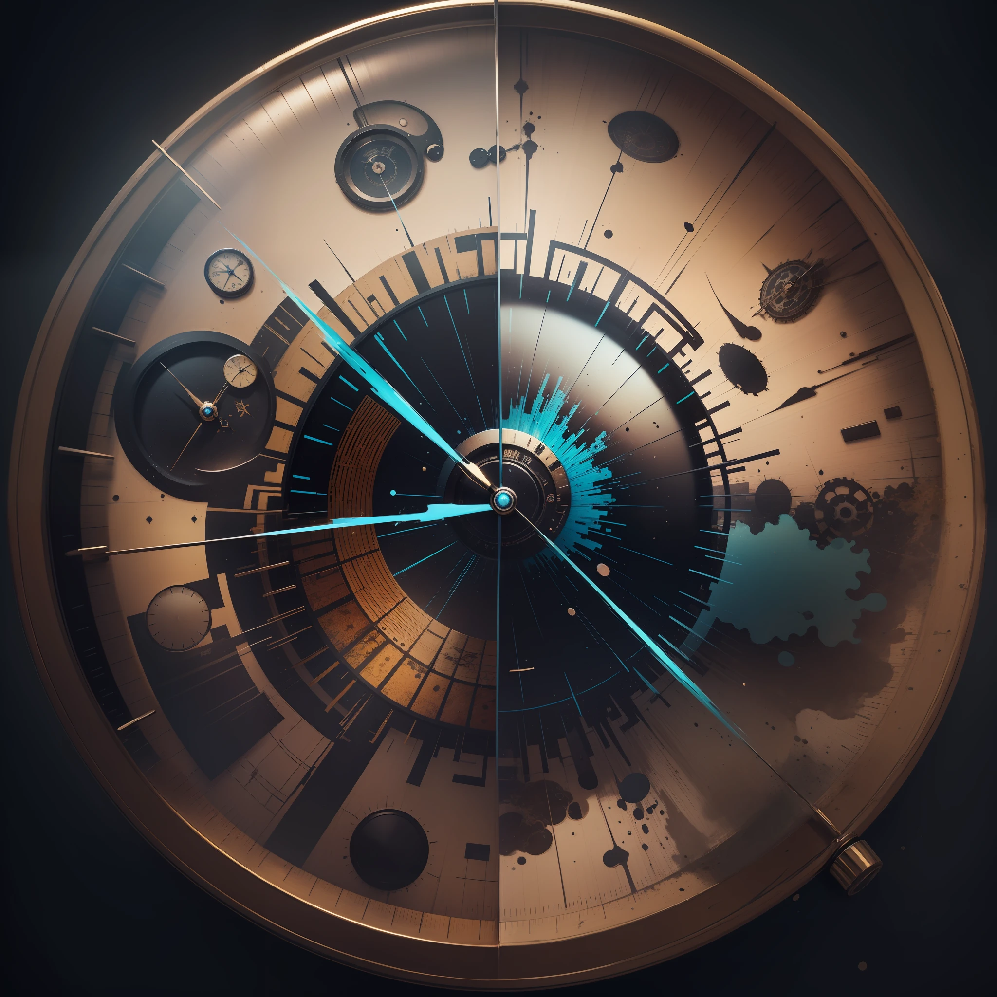 Dans le style de 0mib, magnifique horloge, prismatic splinters, Reflective fractal circles, ink splashes, coups de pinceau fondants, vortex de particules, dramatic lighting, highly quality, beau, master piece