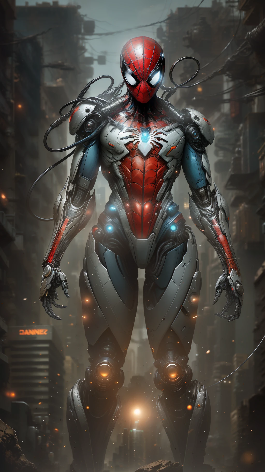 Spiderman from Marvel photography, biomechanical, complex robot, full growth, hyper-realistic, insane small details, extremely clean lines, cyberpunk aesthetic, a masterpiece featured on Zbrush Central