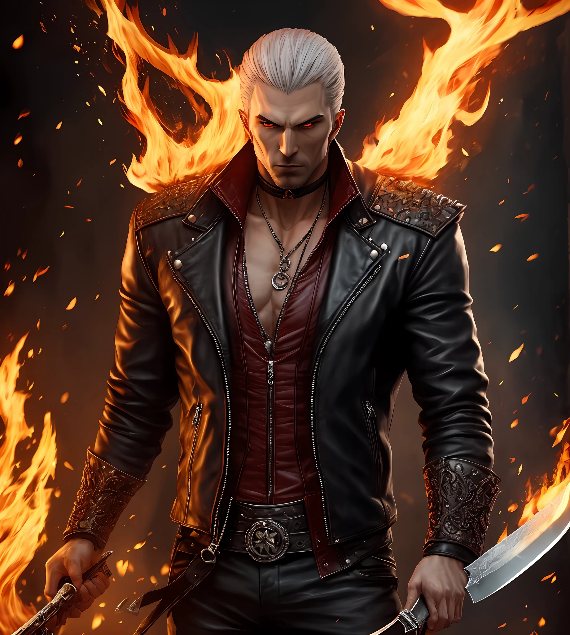 Close-up of a person wearing a leather jacket holding a knife, Fils de Sparda, Seigneur vampire, Male vampire of the Banu Haqim clan, Beautiful male god of death, Thancred Waters dans le style de WLOP, Alucard, Male vampire, par Yang J, En tant que personnage dans Tekken, Vampire du clan Lasombra, surrounded by flame , feu de l'enfer, premier quality, very detailed from NCSOFT --auto