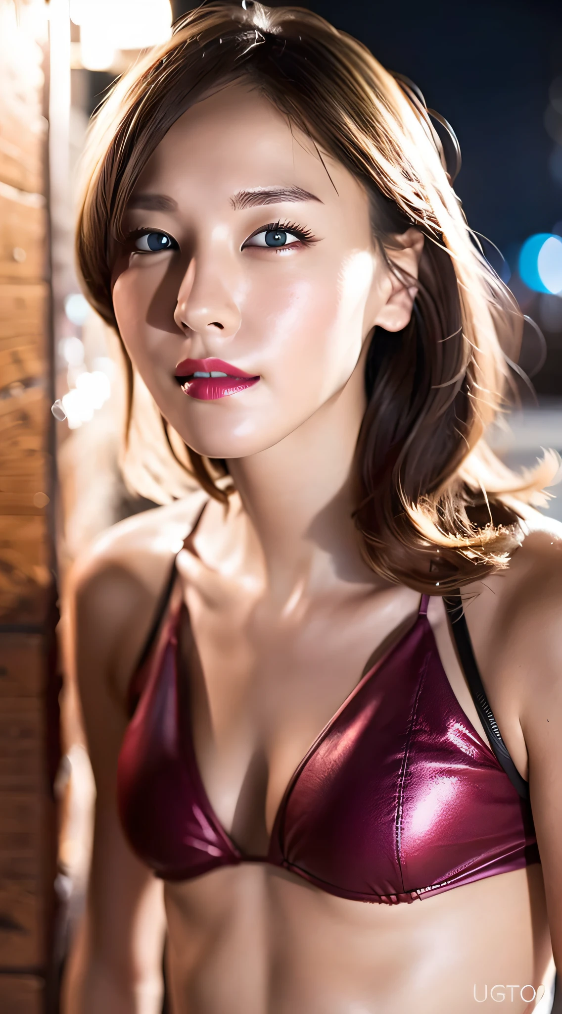 ((blonde)), ((blonde)), girl, blue eyes, red lip, night street, face lighting, bright backlighting, ultra high resolution, best quality, photo, 4k, (photorealistic: 1.2), bikini