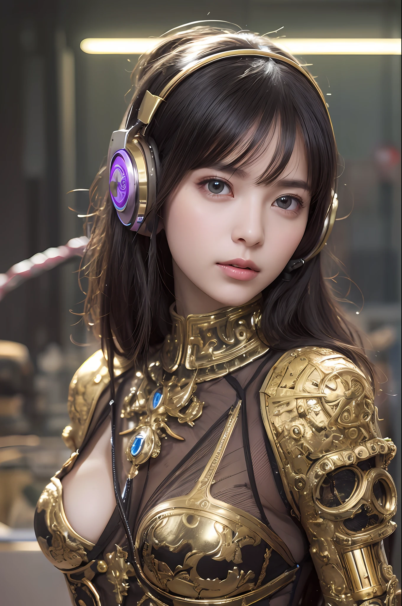 top-quality、​masterpiece、超A high resolution、(Photorealsitic:1.4)、Raw photo、Black hair、glowy skin、1 Mechanical Girl、((super realistic details))、portlate、Global Illumination、Shadow、octan render、8K、ultrasharp、Colossal tits、Raw skin is exposed in cleavage、Steampunk Girl、Black fiberglass body、Details of intricate ornaments of golden color、Gothloli details、Analog Meter、gear、screw、Golden hydraulic cylinder、highly intricate detail、Realistic light、CGSoation Trends、a purple eye、radiant eyes、Facing the camera、neon details、blood vessels connected to tubes、Mechanical vertebrae attached to the back、mechanical cervical attaching to neck、sitting on、Wires and cables connecting to the head、Gorgeous headset、Glowing LED lamp、The background is a steampunk room、
