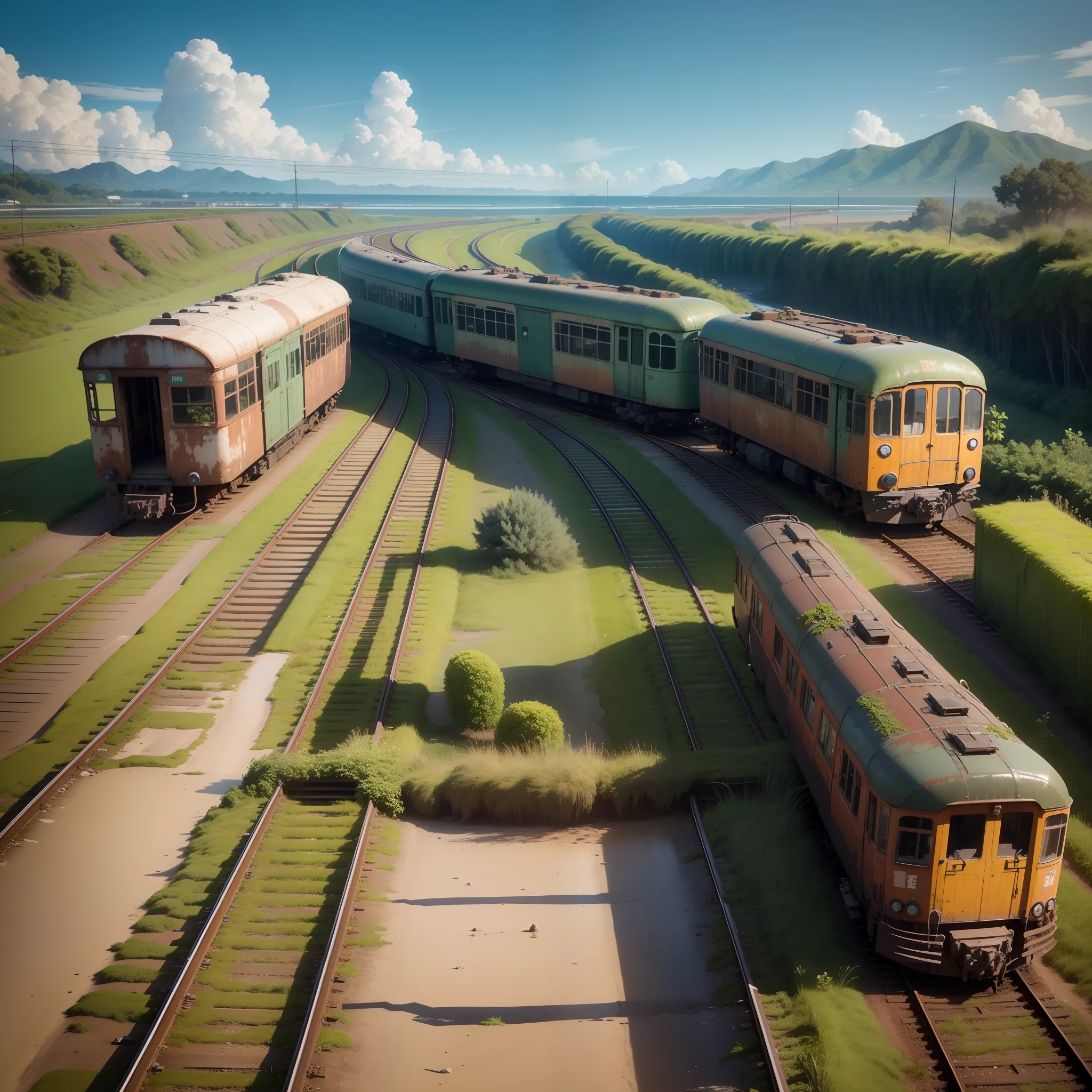 The tracks remain in the same straight line,Rusted rails extend into the sea,Vines covered the carriages --auto