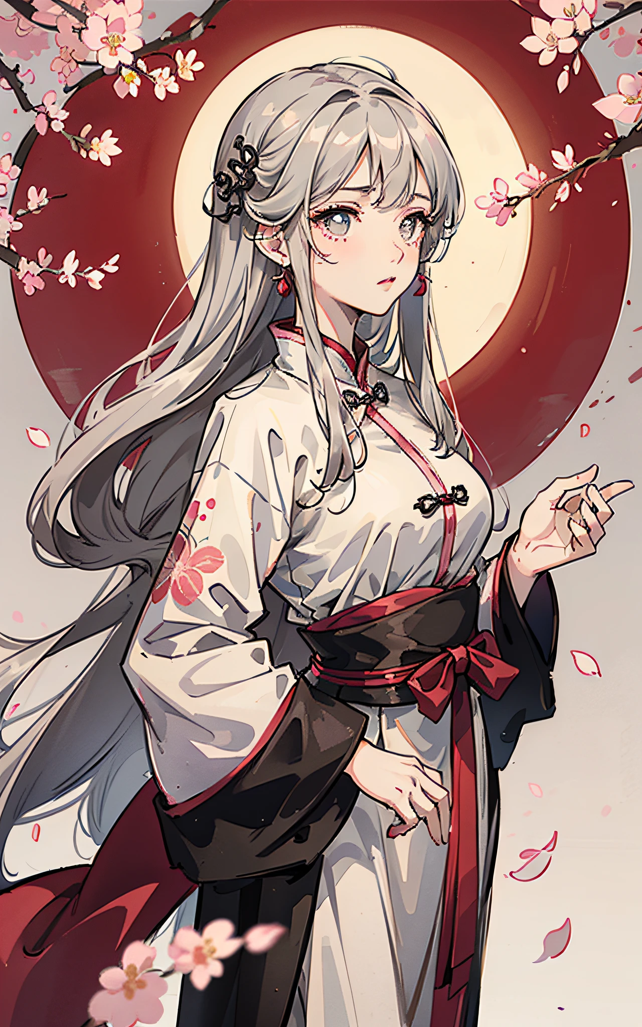 Masterpiece, Best quality, Night, full moon, 1 girl, Mature woman, Chinese style, Ancient China, sister, Royal Sister, Cold expression, Expressionless face, Silver white long haired woman, Light pink lips, calm, intelligence, tribelt, Gray pupils, Cherry blossom red background, Stroll through the cherry blossom forest --auto