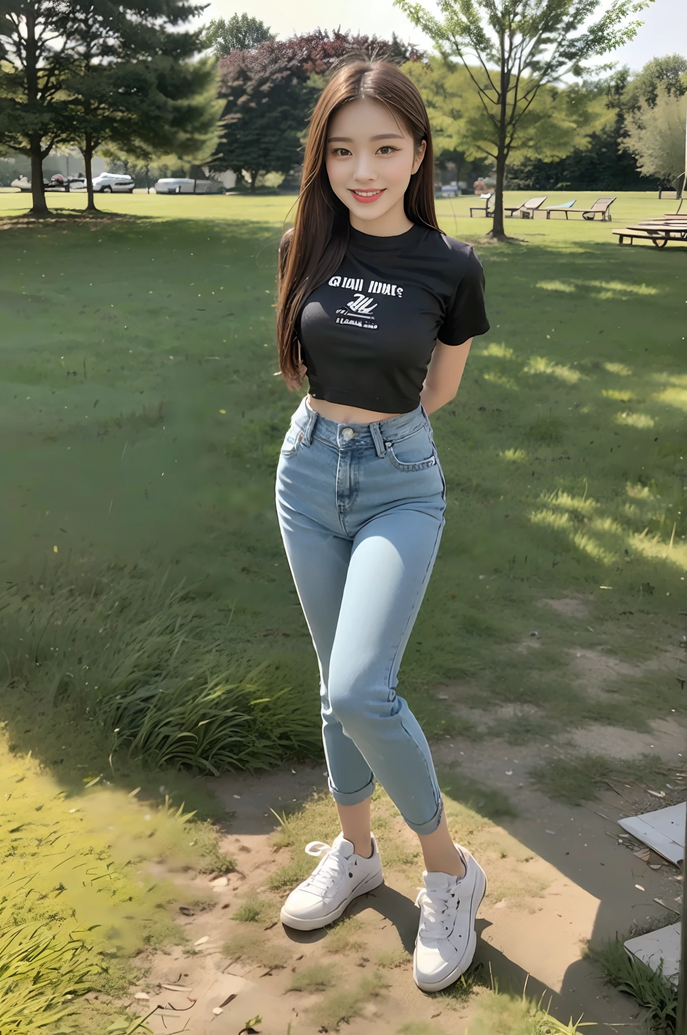 （best qualtiy：1.4），Complicated details，20 years old Korean girl，Wear loose, High-end branded black T-shirt and high-end branded jeans，Stand on the grass and take pictures，Detailed meadow，A sweet smile，Ultra-realistic facial details，Coquettish pose，Slender calves:1.2，Wear high-end brand sneakers:1.0，fully body photo:1.8