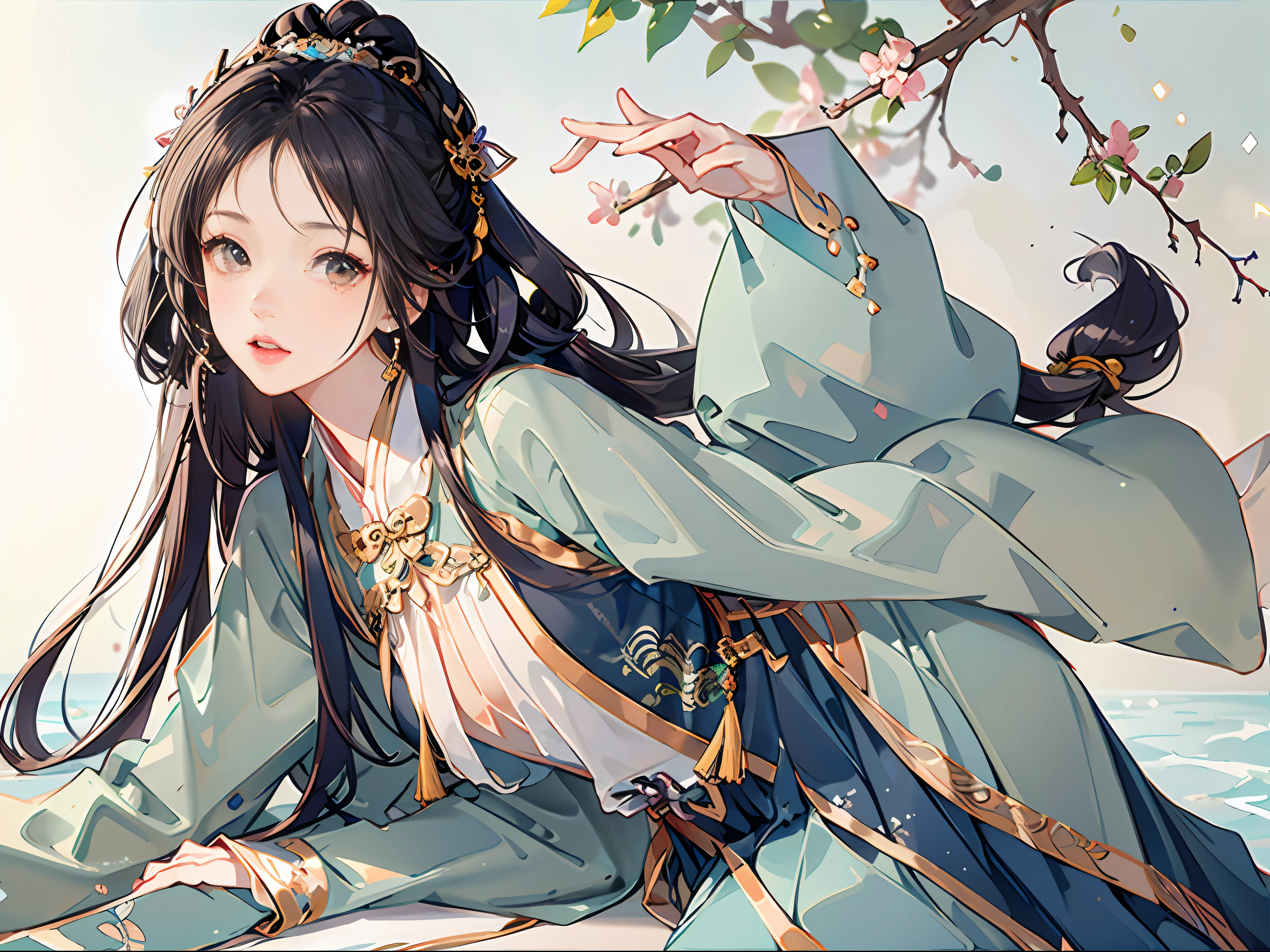 Best quality at best,Complicated details,A high resolution,(beautiful detailed water:1.4),(Hanfu,Tang Feng),Brown eyes,silver-white long hair,Very long hair,Bigchest