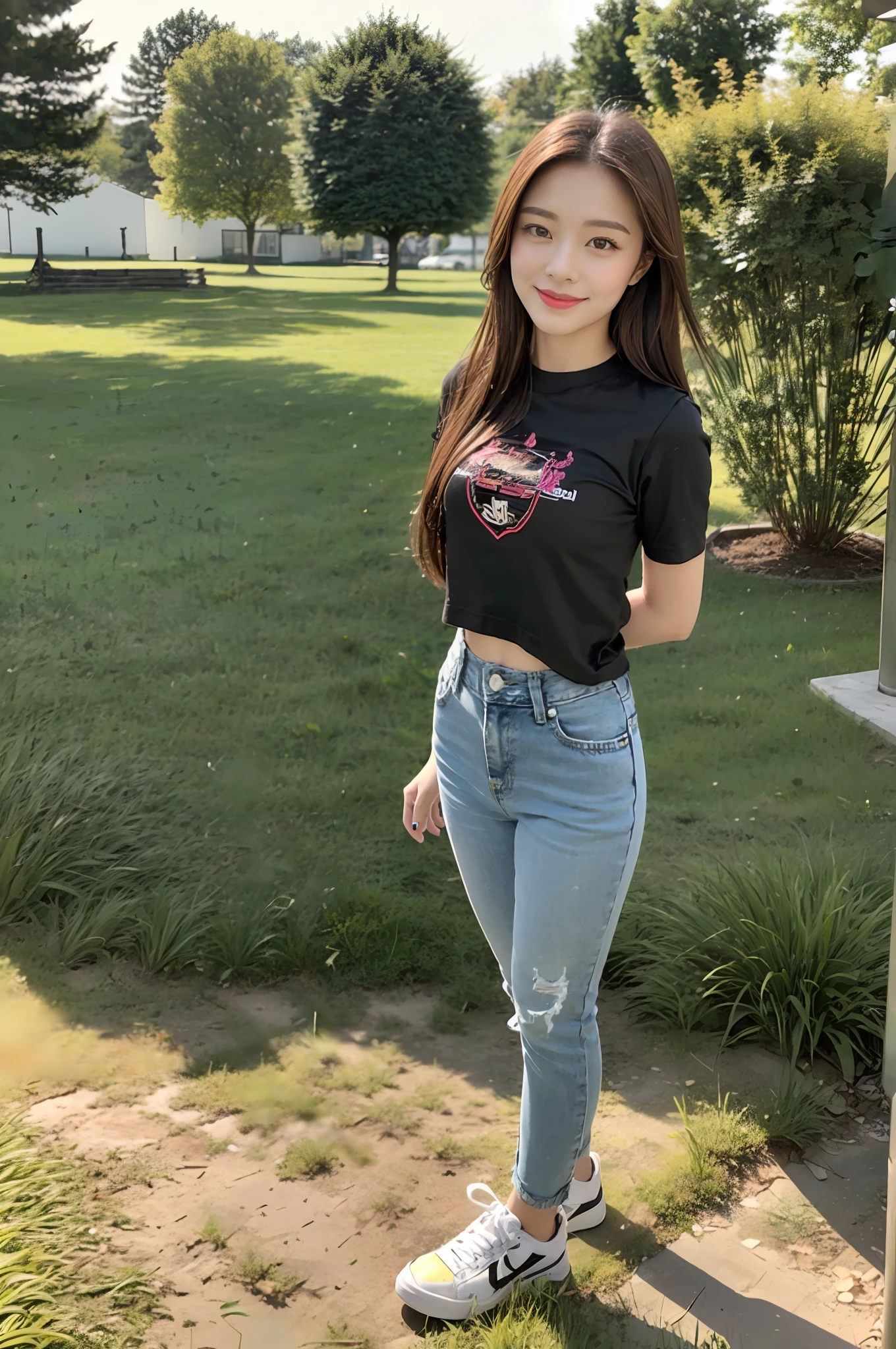 （best qualtiy：1.4），Complicated details，20 years old Korean girl，Wear loose, High-end branded black T-shirt and high-end branded jeans，Stand on the grass and take pictures，Detailed meadow，A sweet smile，Ultra-realistic facial details，Coquettish pose，Slender calves:1.2，Wear high-end brand sneakers:1.0，fully body photo:1.8