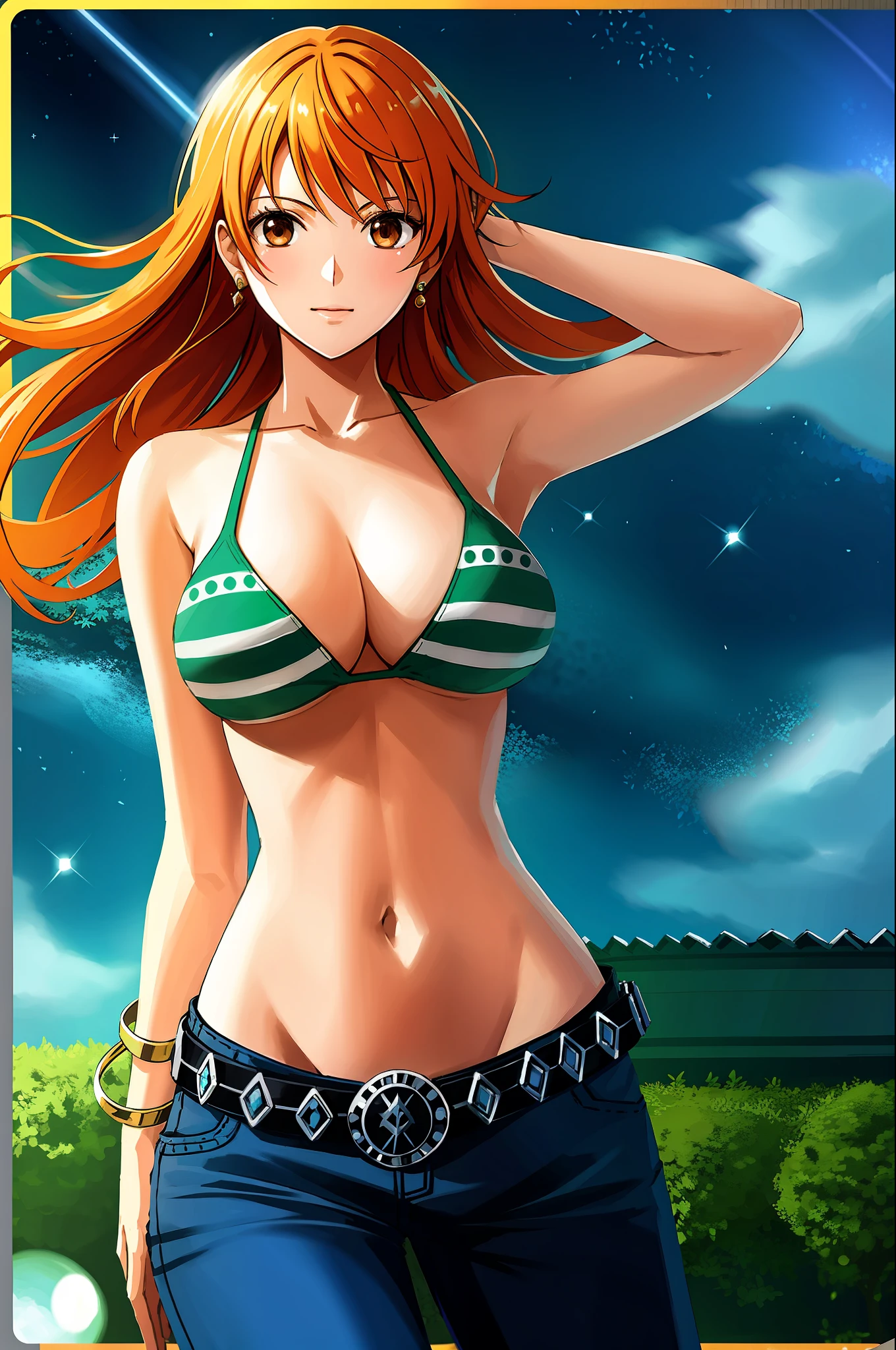 detailed background, masterpiece, best quality, 1girl, solo, nami \(one piece\), 1girl, bangle, bangs, bare shoulders, belt, bikini, bikini top only, blue sky, bracelet, breasts, brown eyes, bubble, cleavage, cloud, cowboy shot, day, denim, earrings, floating hair, green belt, green bikini, groin, jeans, jewelry, large breasts, log pose, long hair, orange hair, looking at viewer, navel, night code de project sekai, night sky, no humans, outdoors, photoshop medium, scenery, sky, star sky, starry sky, tree, yuuki makotoane, zzzzky, zenless zone zero, zenless zone zero: itsumo no mani ka dame ningen sarete it