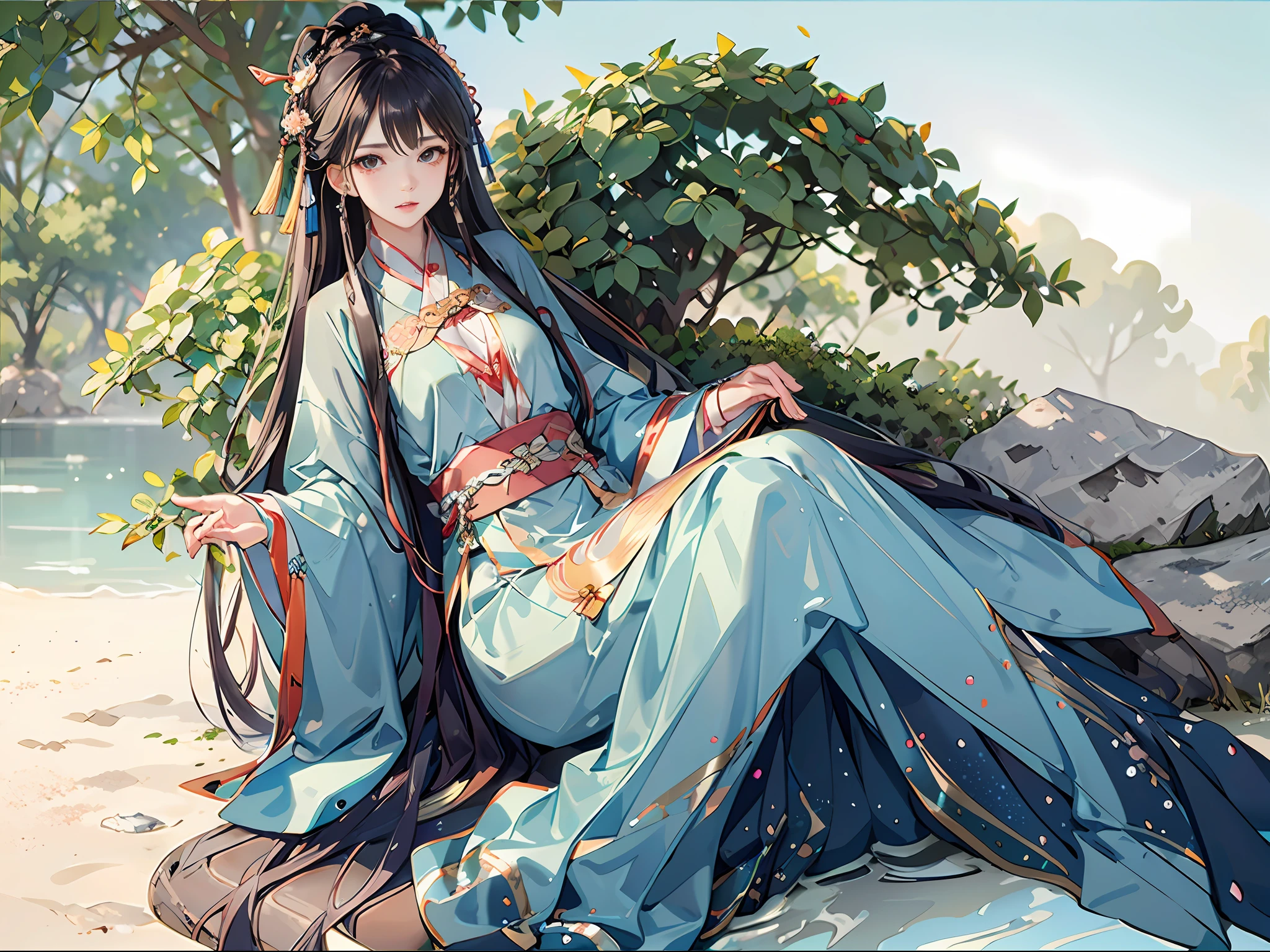 Best quality at best,Complicated details,A high resolution,(beautiful detailed water:1.4),(Hanfu,Tang Feng),Brown eyes,silver-white long hair,Very long hair,Bigchest