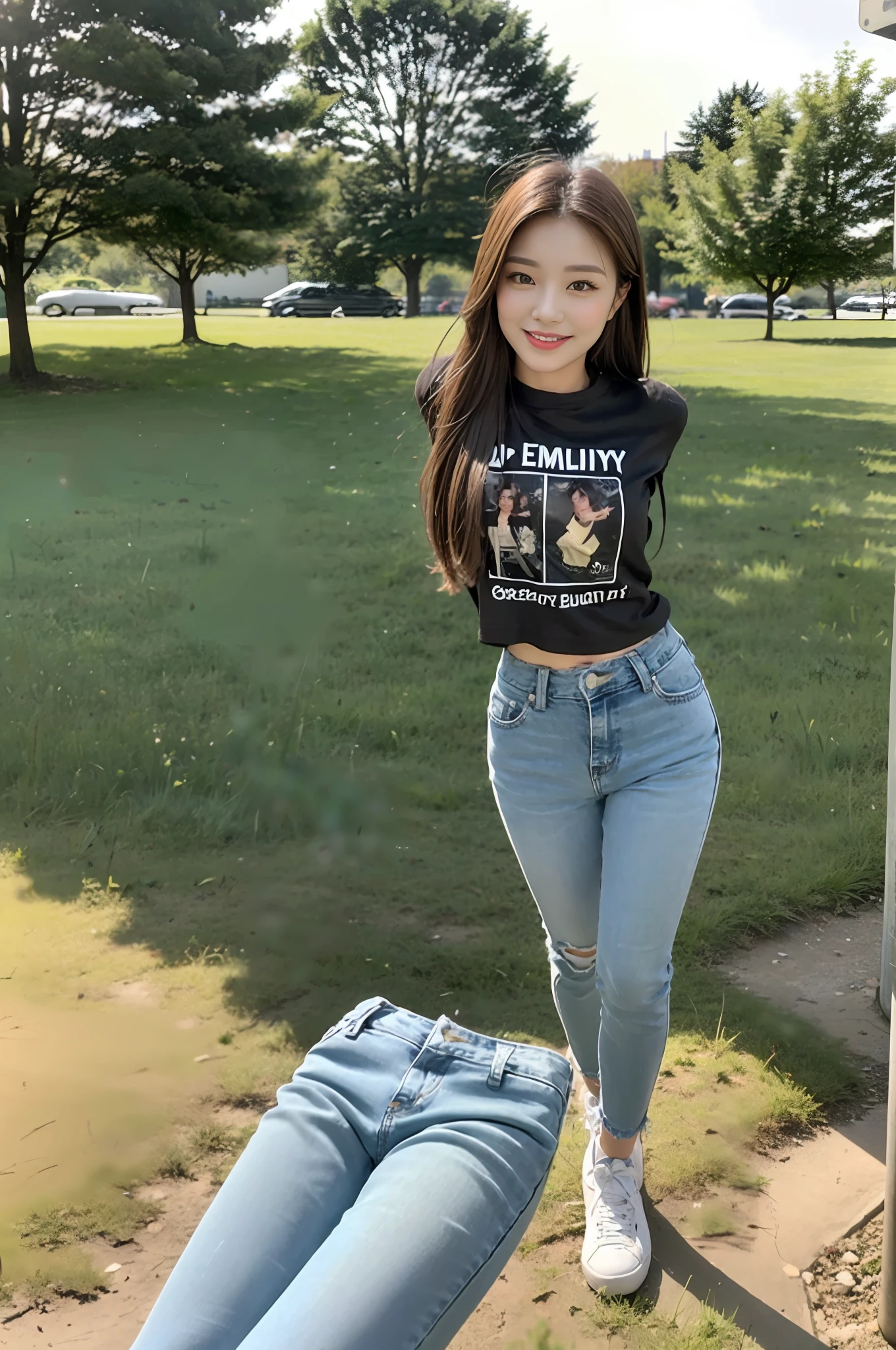 (best qualtiy:1.4),Complicated details,20 years old Korean girl,Wear loose, High-end branded black T-shirt and high-end branded jeans,Stand on the grass and take pictures,Detailed meadow,A sweet smile,Ultra-realistic facial details,Coquettish pose,Slender calves:1.2,Wear high-end brand sneakers:1.0,fully body photo:1.8