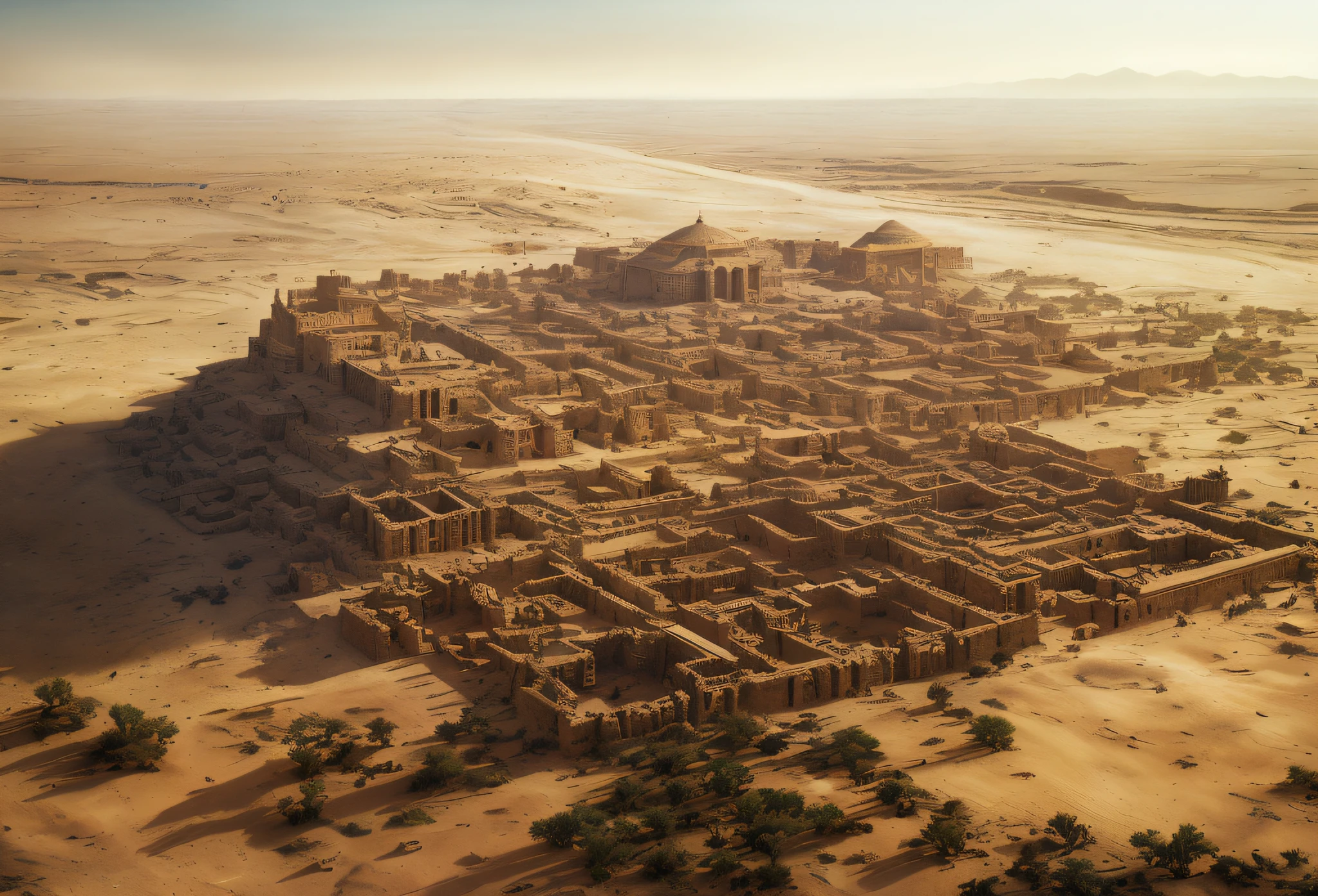 There is a big building in the middle of the desert, ancient city landscape, Dune City and Temple of Arakis, ancient ruins under the desert, city in desert, Ancient city, aerial view of an ancient land, Colorful ancient Egyptian city, panorama of crooked ancient city, ancient persian city, ancient epic tower in the desert, an ancient city on fire