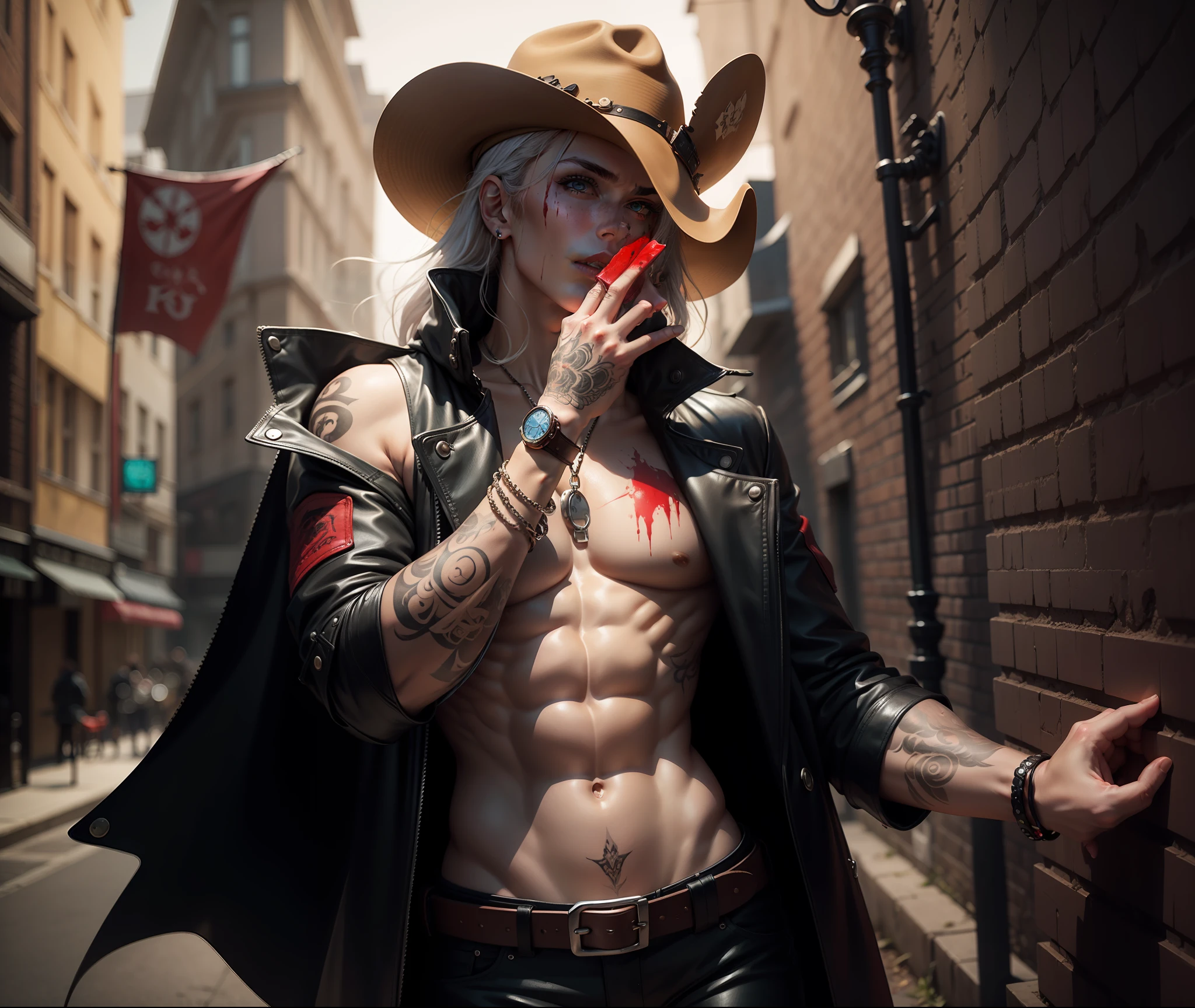 Cowboy leather hat, white torn shoulder-length hair, White Skin Skin, sunken eyes, red pupils, lips covered in blood, tattoos on arms, leather coat on a naked body, open coat, red vest under the coat, black leather pants, black leather whip, red neck decoration, bracelet on the wrist, Vampire Cowboy, Middle-aged man, stands, Vampire buckle, strap