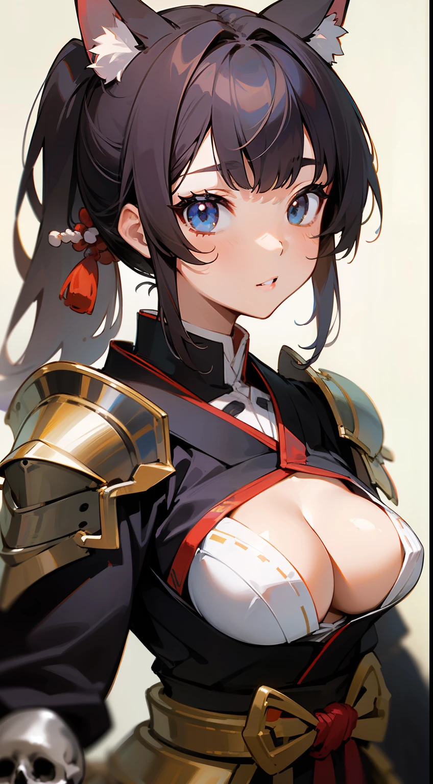 ((Master masterpiece)), ((Top image quality)), illustratio, The girls１Guys, Hair color, Bangs, Hairstyle Fax,Cat's ears、 slender、constricted hips、((beutiful breast))、A dark-haired、poneyTail、Nobunaga's armor of the magnificently decorated Japan、Around you see a group of skeleton soldiers in Japan armor
