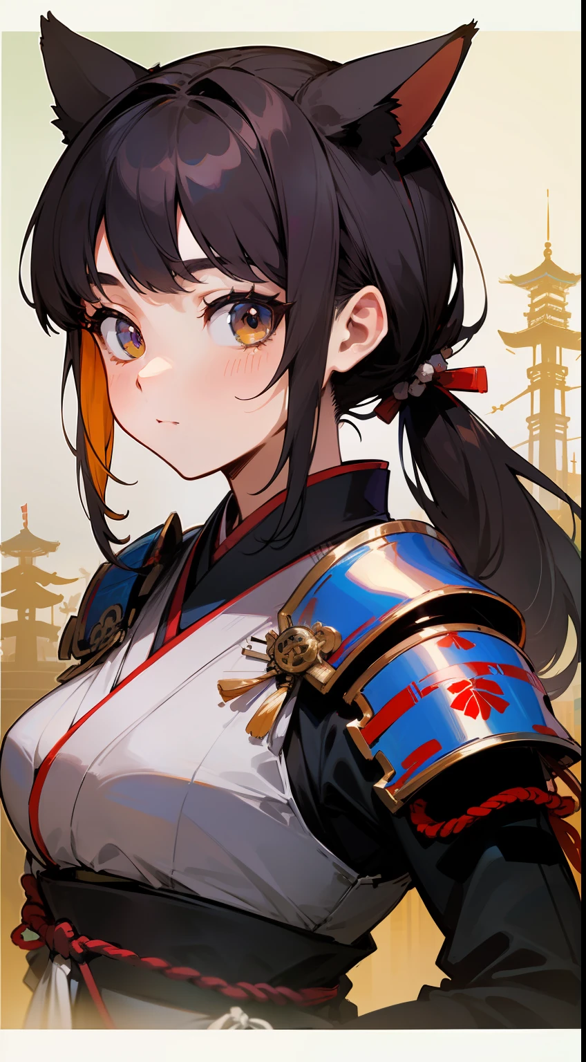 ((Master masterpiece)), ((Top image quality)), illustratio, The girls1Guys, Hair color, Bangs, Hairstyle Fax,Cat's ears、 slender、constricted hips、((beutiful breast))、A dark-haired、poneyTail、Nobunaga's armor of the magnificently decorated Japan、Around you see a group of skeleton soldiers in Japan armor