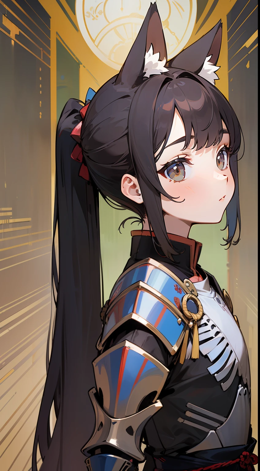((Master masterpiece)), ((Top image quality)), illustratio, The girls1Guys, Hair color, Bangs, Hairstyle Fax,Cat's ears、 slender、constricted hips、((Smaller chest))、A dark-haired、poneyTail、Nobunaga's armor in a magnificently decorated Japan、Around you can see a group of skeleton soldiers in Japan armor