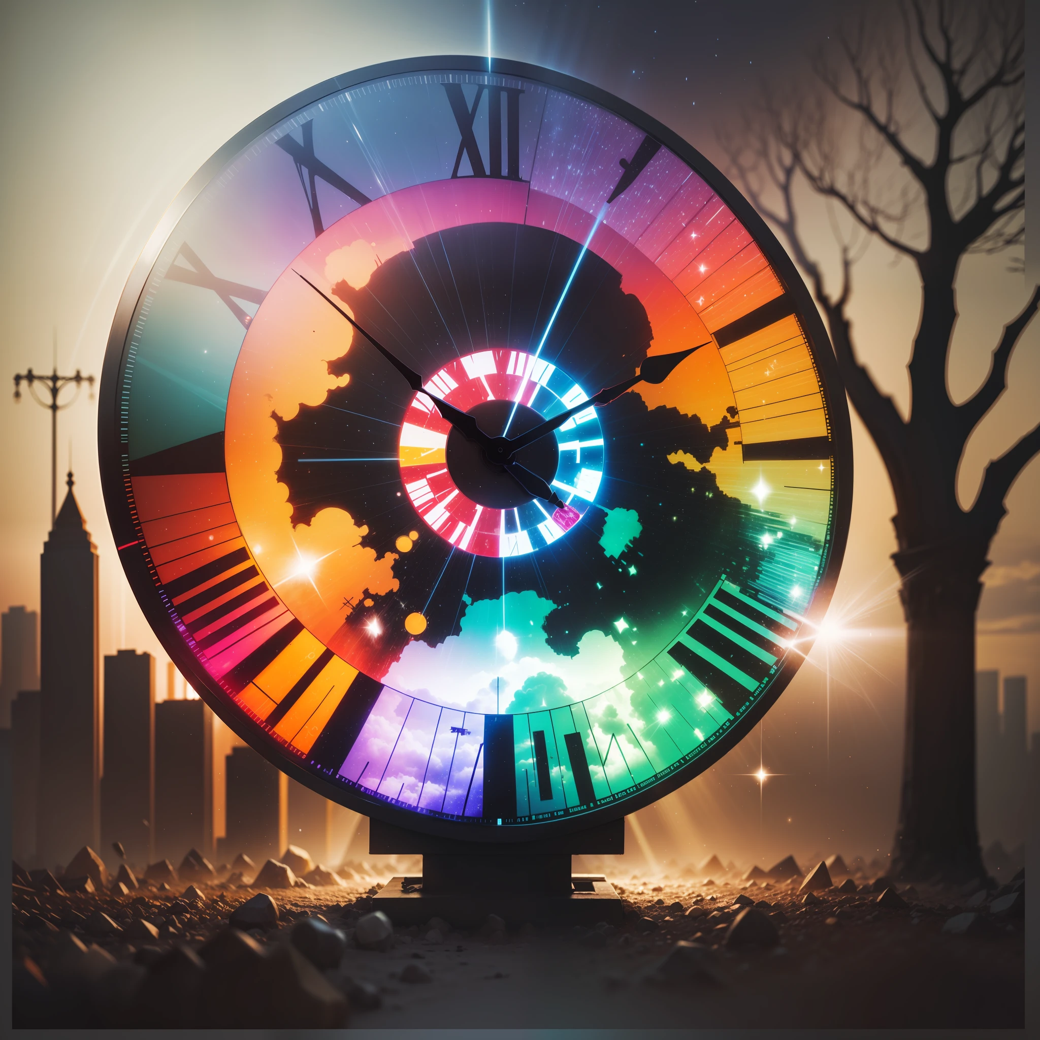 A huge multicolored clock emitting sparkling rays of light.