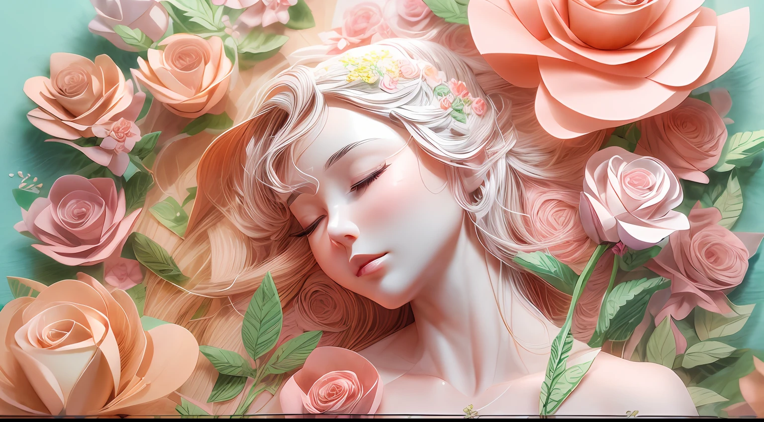 (illustration:1.3),paper art, 3D rendering,Spring,(Beauty side face,close eyes:1.3),roses, peach blossoms, peonies,Colorful, Best quality, Detailed details, Masterpiece, offcial art, Cinematic lighting effects, 4K,