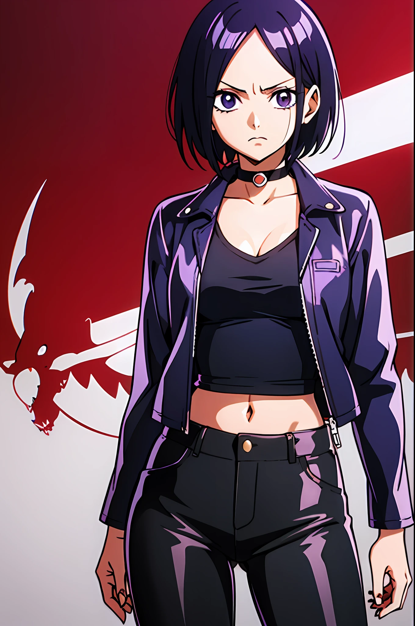 1girl, purple eyes and dark blue hair, bob cut, medium length haircut, black leather jacket, long red-colored shirt with several rips at the collar and hem, black pants, black choker, (bleach, dragon ball and one piece style), (illustrated by Eiichiro Oda, Akira Toriyama, and Tite Kubo), (style mixing), Nefertari Vivi, Bulma, Rukia Kuchiki, (character mixing)