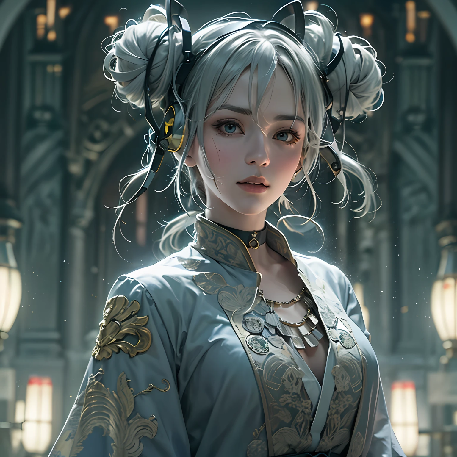 8k masterpiece, wallpaper, full height body potrait of a photorealistic beautiful short silver hairstyle with pigtails and buns seductress priest-knight, wearing beautiful detailed sci-fi headphones ,beautiful, very detailed beautiful face, intricate tattoes, holding a katana in two hands, model hair, in a beautiful very detailed magic room with flying bright glowing trails of energy, choker style colar, detailed face, upper body, lower body, wearing Linen-cotton blend Slate gray victorian collar ornate lace , beautiful eyes, lo-fi, future, Perfectly Centred, Hyper Realistic Cover Photo, High Definition, Cinematic, Smooth, Ultra High Definition, Ultra Sharp Focus, Intricate Artwork, Masterpiece, Epic, Stunning Realistic Photograph, Intricately Detailed, Cinematic, small top, ((1 katana)), 1 katana, megapixel cinematic lighting, anti-aliasing, fkaa, txaa, rtx, ssao, post processing, post-production, tone mapping, cgi, vfx, sfx, full color, volumetric lighting, hdr, realistic, 8k, visible legs