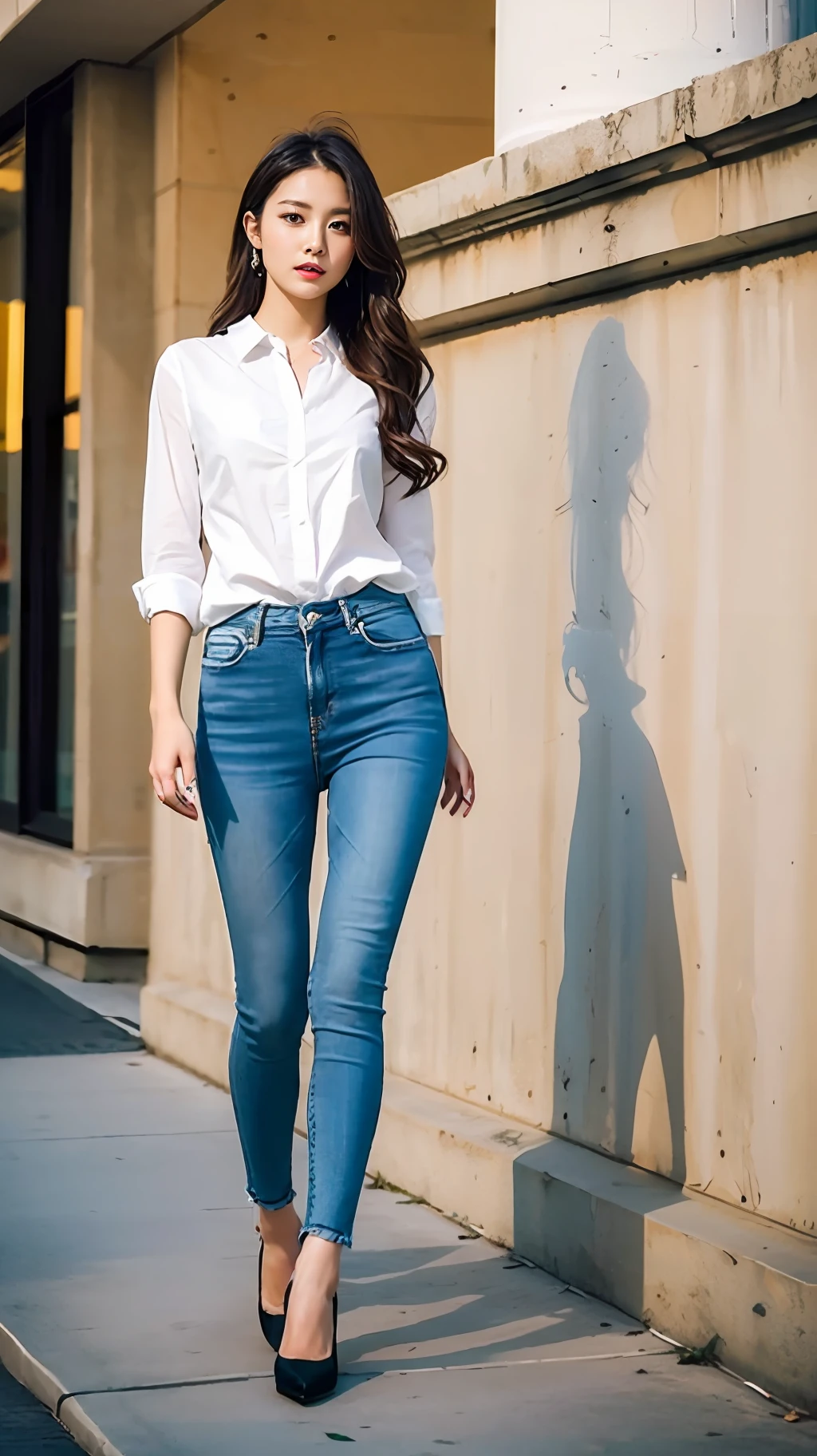 one-girl，Works of masters，HighestQuali，Highest image quality，8K分辨率，A beautiful 20-year-old girl，whitet-shirt，Blue skinny jeans，Black heels