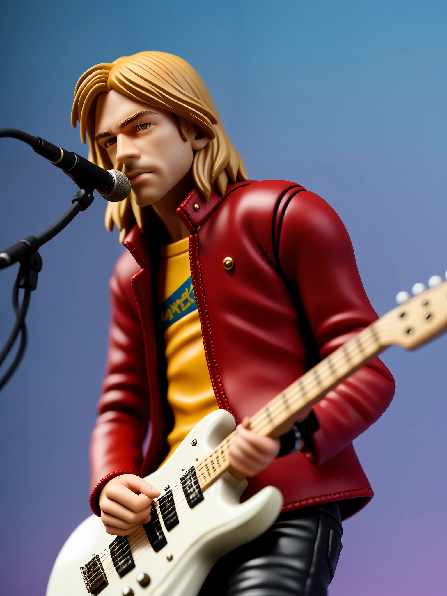 Kurt Cobain action figure with accessories such a microphone, hyper-realistic photography, taken with a professional camera, depth of field, 8k