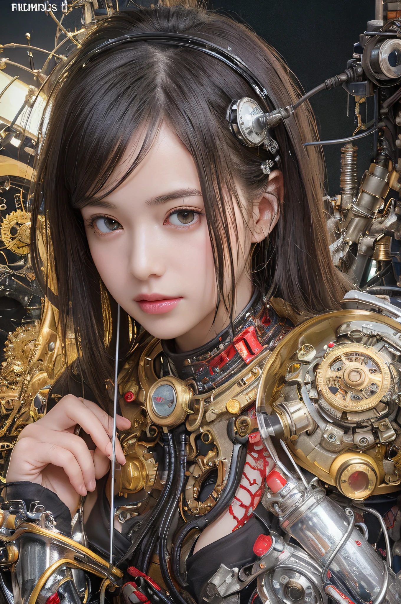 blush,Top quality, Masterpiece, 超高分辨率, (Photorealistic: 1.4), RAW photo, 1 girl, Black hair, Glossy glossy skin, 1 mechanical girl, (hyper realistic detailed)), Portrait, Global illumination, Shadows, Octane rendering, 8K, ultrasharp, Big, Cleavage Exposed Raw Skin, metal, Detail of Intricate Ornaments, Steampunk details, vacuum tubes, nixie tubes, oil pressure gauges, glass tubes, analog meters, (gear wheel), Hydraulic cylinder, very complex details, Realistic light, CGSoation trends, Purple eyes, Glowing eyes, Facing the camera, neon light detail, Mechanical limbs, blood vessels attached to the tube, Mechanical vertebrae attached to the back, mechanical cervical attachment to the neck, Sitting, wires and cables connecting to head, gundam, (Small LED lamps:1.5),neon,(Soviet glow tube)