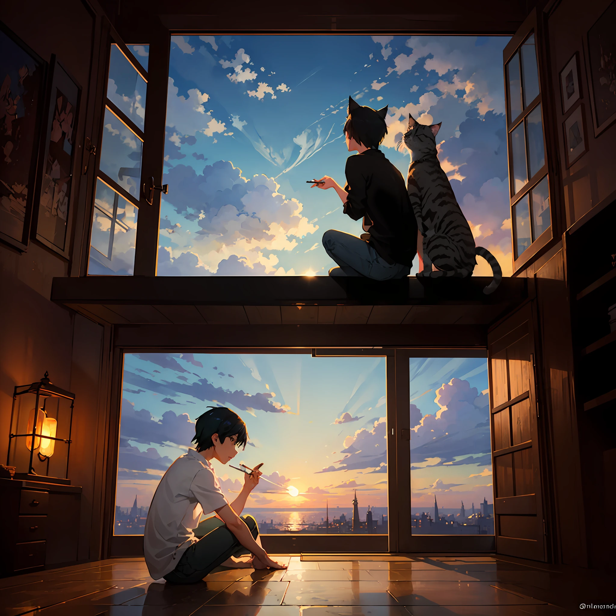 Anime boy sitting on windowsill，Cat watching sunset, Makoto Shinkai Cyril Rolando, watching the sunset. Anime, makoto shinkai art style, Makoto Shinkai. a digital rendering, Makoto Shinkai's style, in the style of makoto shinkai, Makoto Shinkai!, Makoto Shinkai!!  No kittens, no cigarettes --auto