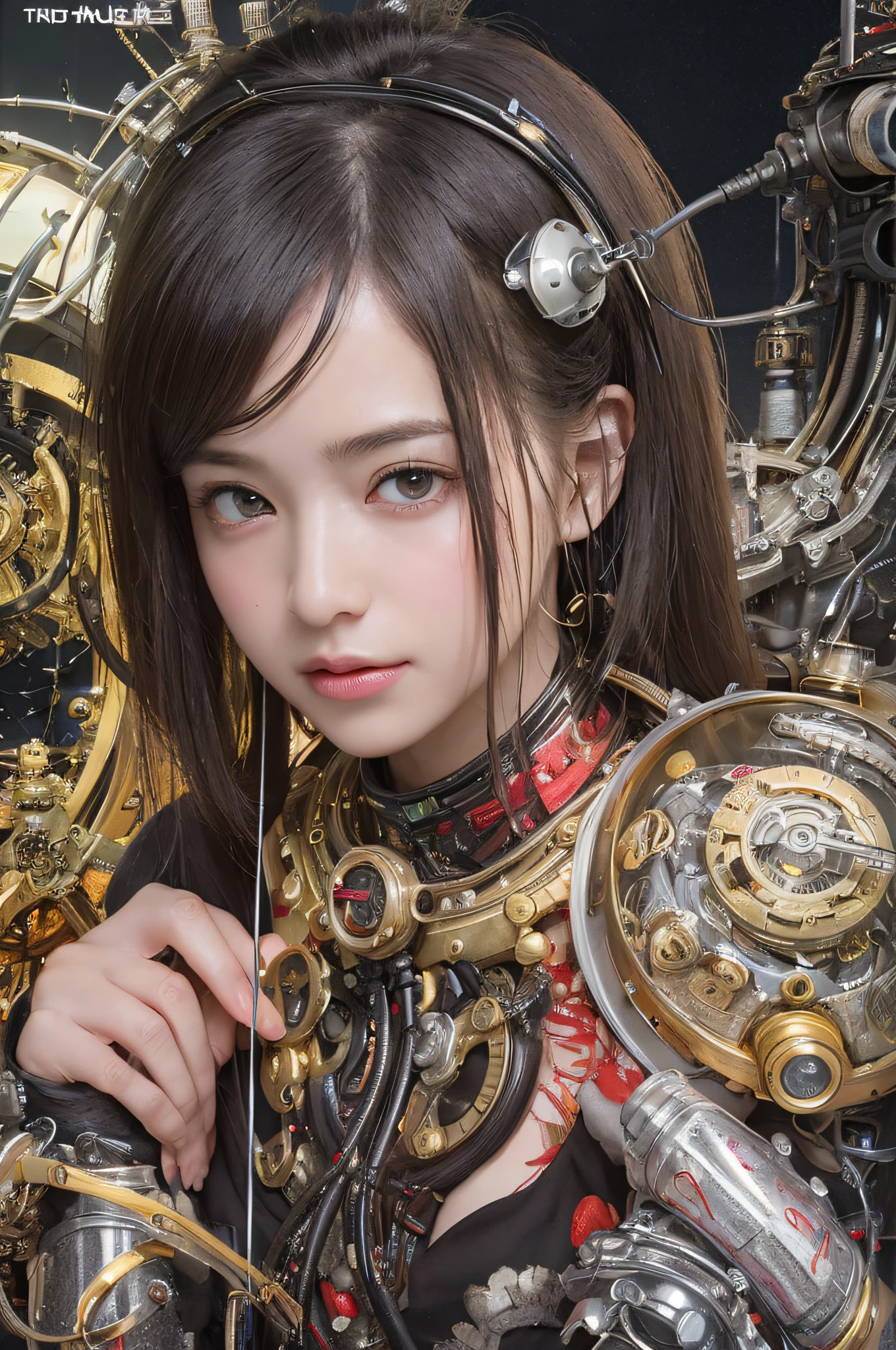 blush，Top quality, Masterpiece, 超高分辨率, (Photorealistic: 1.4), RAW photo, 1 girl, Black hair, Glossy glossy skin, 1 mechanical girl, (hyper realistic detailed)), Portrait, Global illumination, Shadows, Octane rendering, 8K, ultrasharp, Big, Cleavage Exposed Raw Skin, metal, Detail of Intricate Ornaments, Steampunk details, vacuum tubes, nixie tubes, oil pressure gauges, glass tubes, analog meters, (gear wheel), Hydraulic cylinder, very complex details, Realistic light, CGSoation trends, Purple eyes, Glowing eyes, Facing the camera, neon light detail, Mechanical limbs, blood vessels attached to the tube, Mechanical vertebrae attached to the back, mechanical cervical attachment to the neck, Sitting, wires and cables connecting to head, gundam, (Small LED lamps:1.5),neon，(Soviet glow tube)