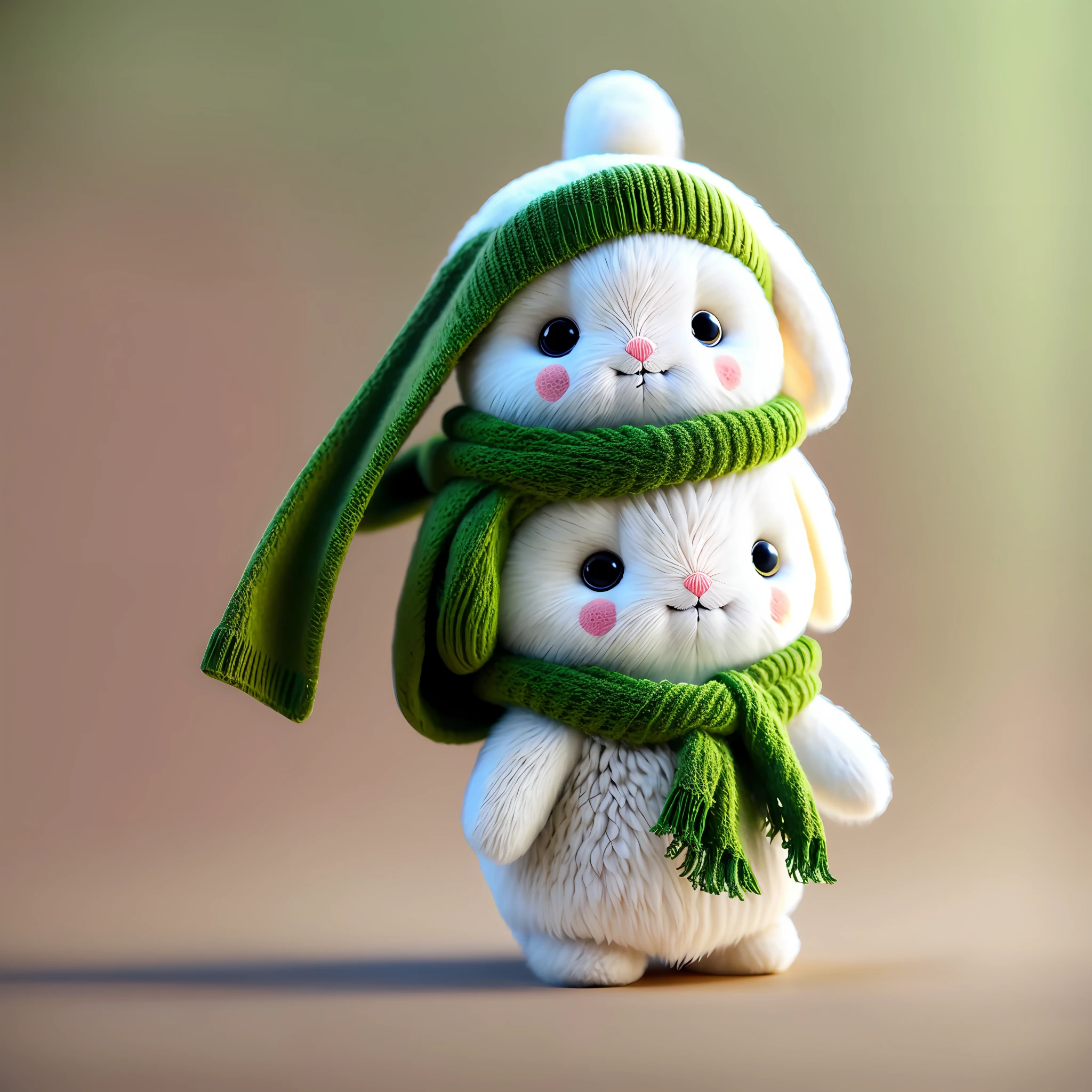 There is a cute white stuffed toy，Wearing a green scarf,