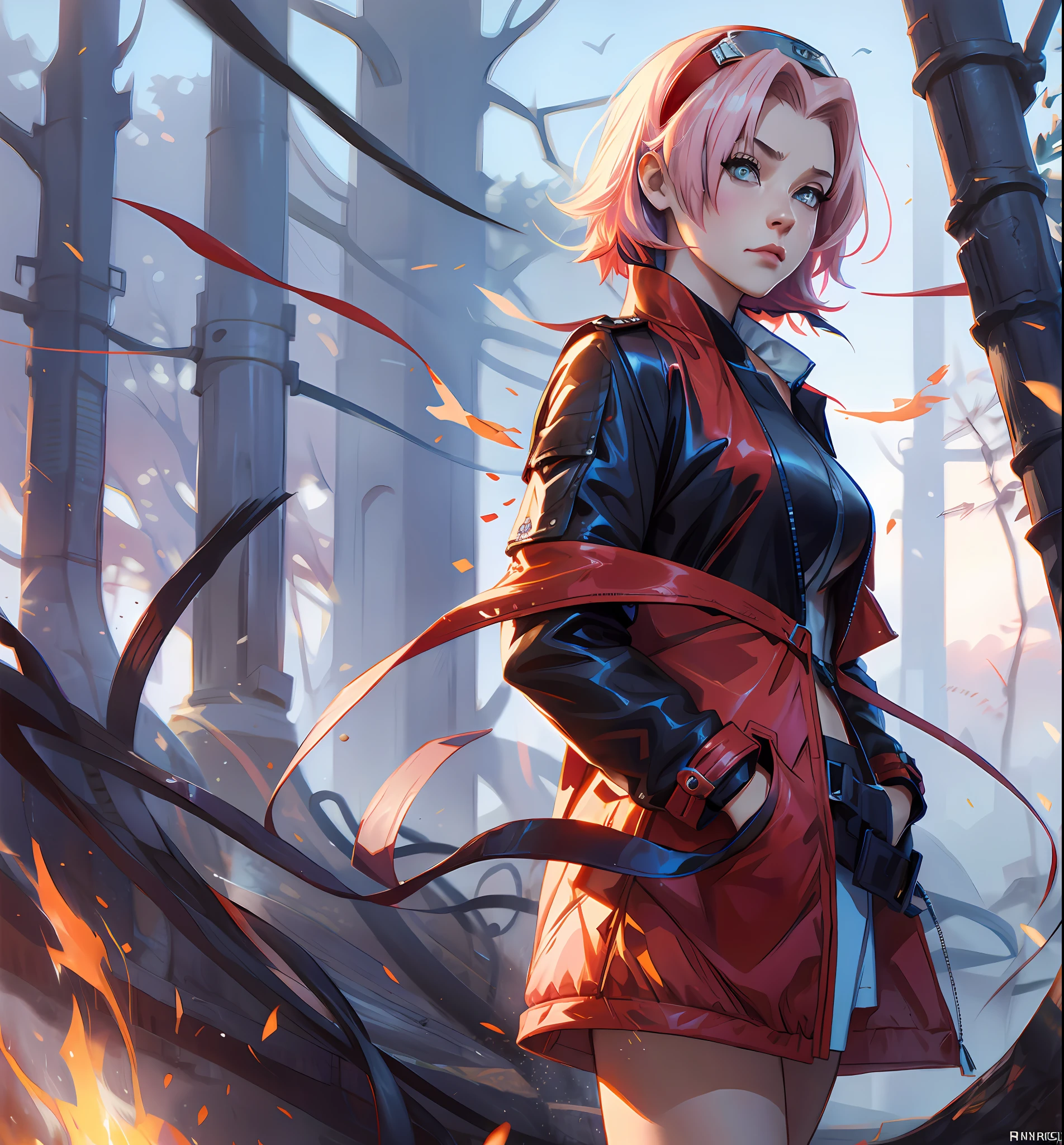 Sakura haruno, ((solo)), alone, ((forehead the show)), elegant, red coat, pink hair, delicate, young, short hair, detailed face, high definition, ((full body)), (flames around you), ((flaming)), fire, fire, in a forest, trend in artstation, by rhads, andreas rocha, rossdraws, makoto shinkai, laurie greasley, lois van baarle, ilya kuvshinov and greg rutkowski