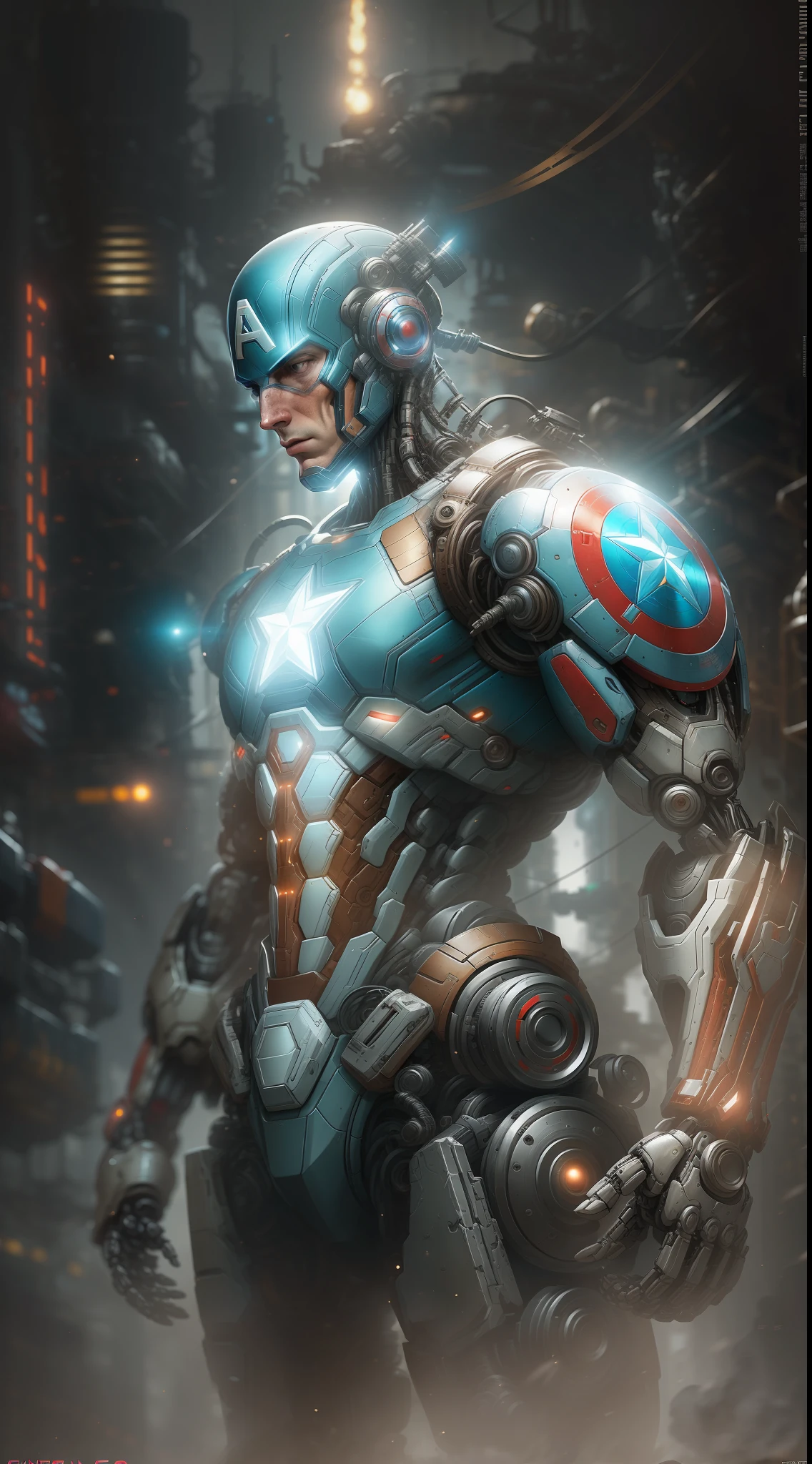Captain america from Marvel photography, biomechanical, complex robot, full growth, hyper-realistic, insane small details, extremely clean lines, cyberpunk aesthetic, a masterpiece featured on Zbrush Central