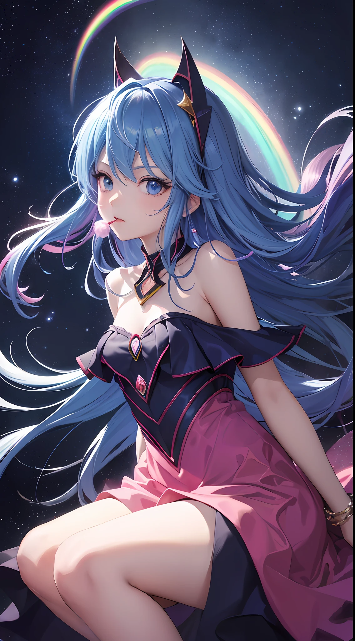 Dark Magician Girl、MKSKS style、2guys、(highly detailed back ground:1.0)、(highly detailed back ground:1.0)、masterpiece、top-quality、An ultra-high picture quality、16 K、Blue eyes、From above、Put your hands between your legs、The upper part of the body、Sitting in a plush chair、Twisting the body、Hair ornament with emerald、Reddish cheeks、Smiling、(1/2 pink and 1/2 Light blue hair、rainbow-colored hair)、(Colorful dress with a lot of draping、Rainbow dress:1.3)、Fur muffler、Silver necklace、Silver bracelet、Bad hands, bad finger, Missing fingers, Extra fingers、(Blowing in the wind:1.4)、(Ray-like pattern:1.4)、(neon-light-effect:1.2)、Aurora、night sky full of stars、shooting stars、fullmoon、natta --auto