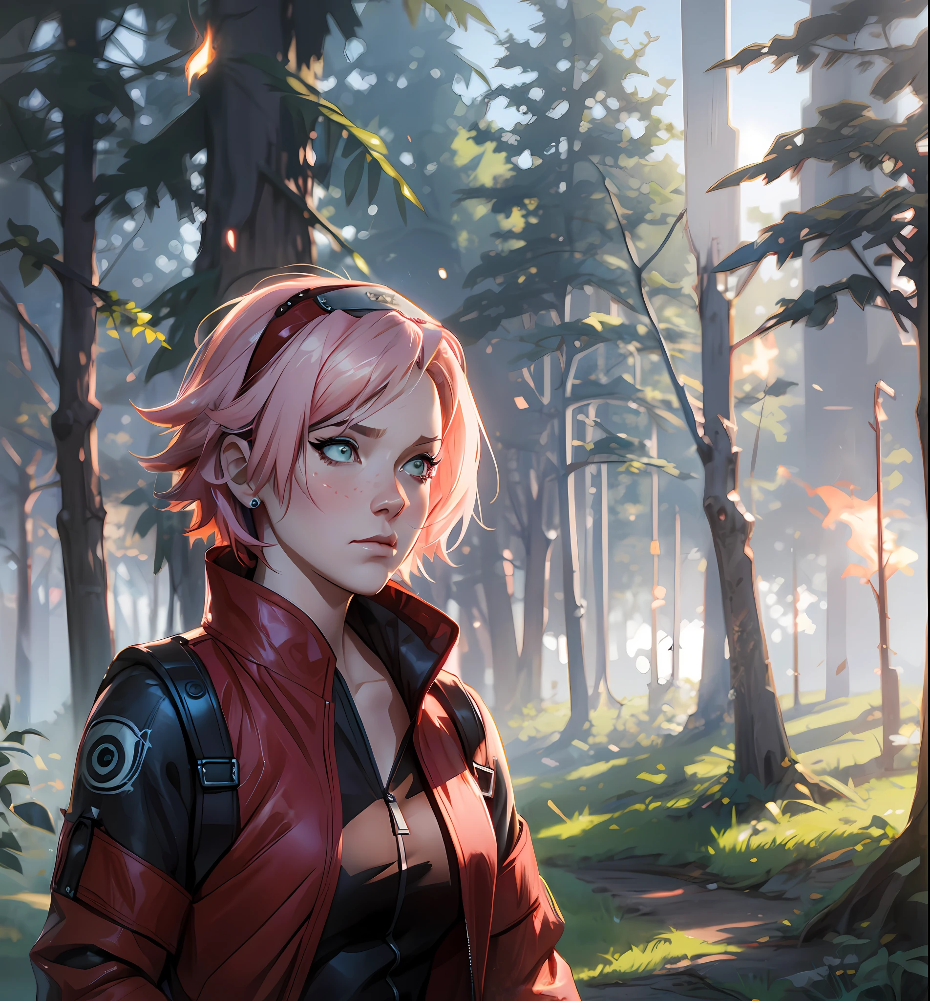 Sakura haruno, ((solo)), alone, ((forehead the show)), elegant, red coat, pink hair, delicate, young, short hair, detailed face, high definition, ((full body)), (flames around you), ((flaming)), fire, fire, in a forest, trend in artstation, by rhads, andreas rocha, rossdraws, makoto shinkai, laurie greasley, lois van baarle, ilya kuvshinov and greg rutkowski