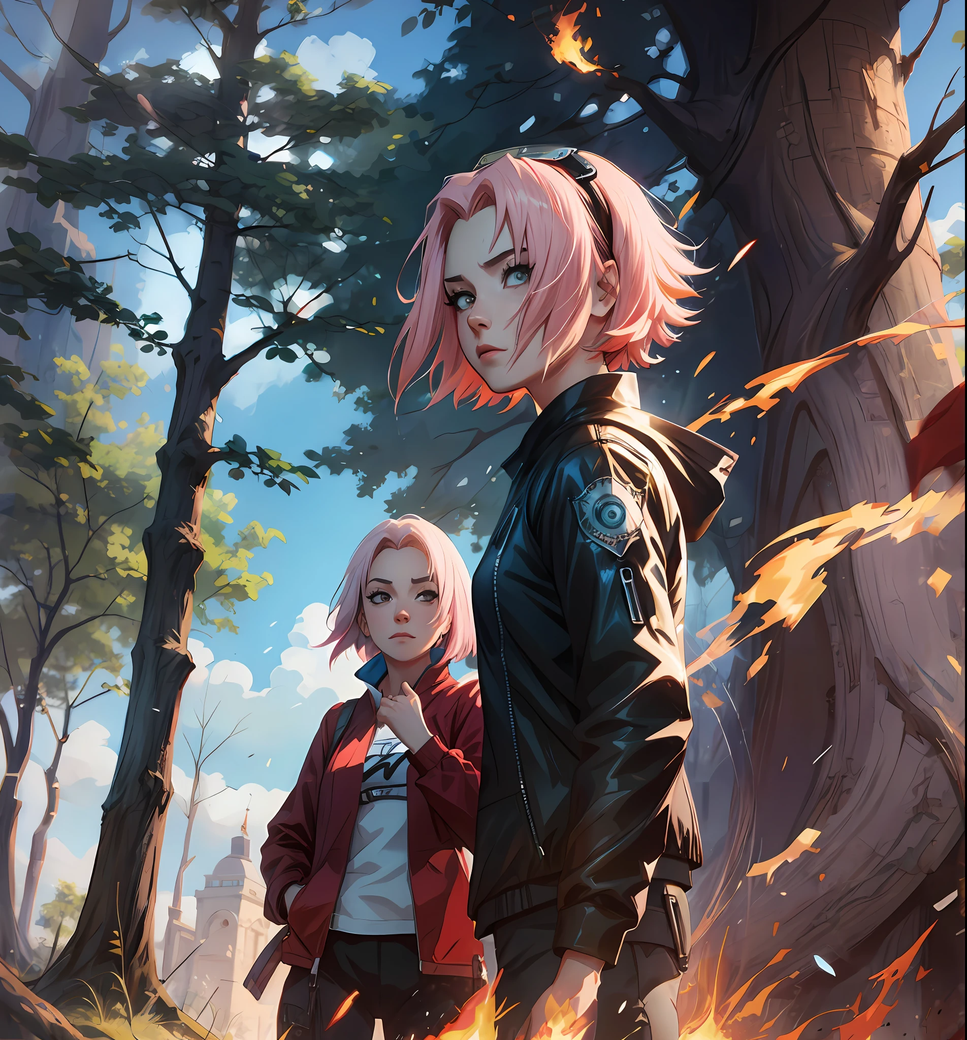 Sakura haruno, ((solo)), alone, ((forehead the show)), elegant, red coat, pink hair, delicate, young, short hair, detailed face, high definition, ((full body)), (flames around you), ((flaming)), fire, fire, in a forest, trend in artstation, by rhads, andreas rocha, rossdraws, makoto shinkai, laurie greasley, lois van baarle, ilya kuvshinov and greg rutkowski