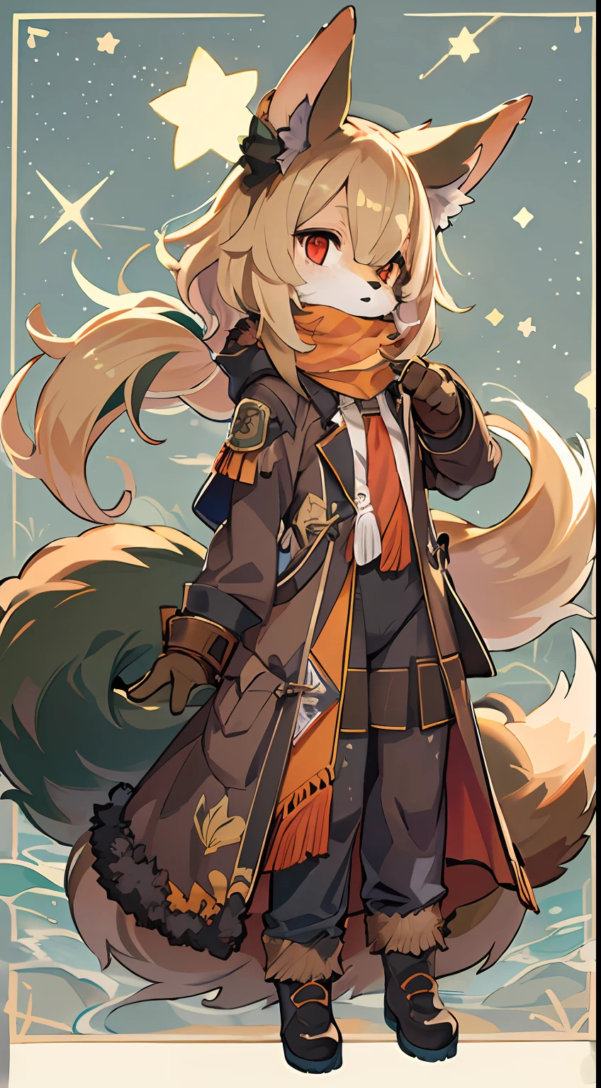 Fox Boy，Boy，hairy pubic，shaggy，Smoothes lashes，Skin fur，Golden fur，Short hair in men，Forelimb hands， solid circle eyes，Golden ears，Golden face fur , Short blonde hair，Red eyes，Super cute face，Brown elements on fur，Brown coat brown hood up，Ambient light，Ultra-fine fur，volumettic light，Night,natural  lightting，fox tails，Fluffy tail，furry tail，nevando，Night，A sky full of stars，seawall，crossed bangs, Hairline, Shiny hair，Empty eyes，35mm，sharp talons。High quality, high detal, Best quality, hyper HD， Dark brown gloves，Red and black diamond scarf，individual ，Half-body