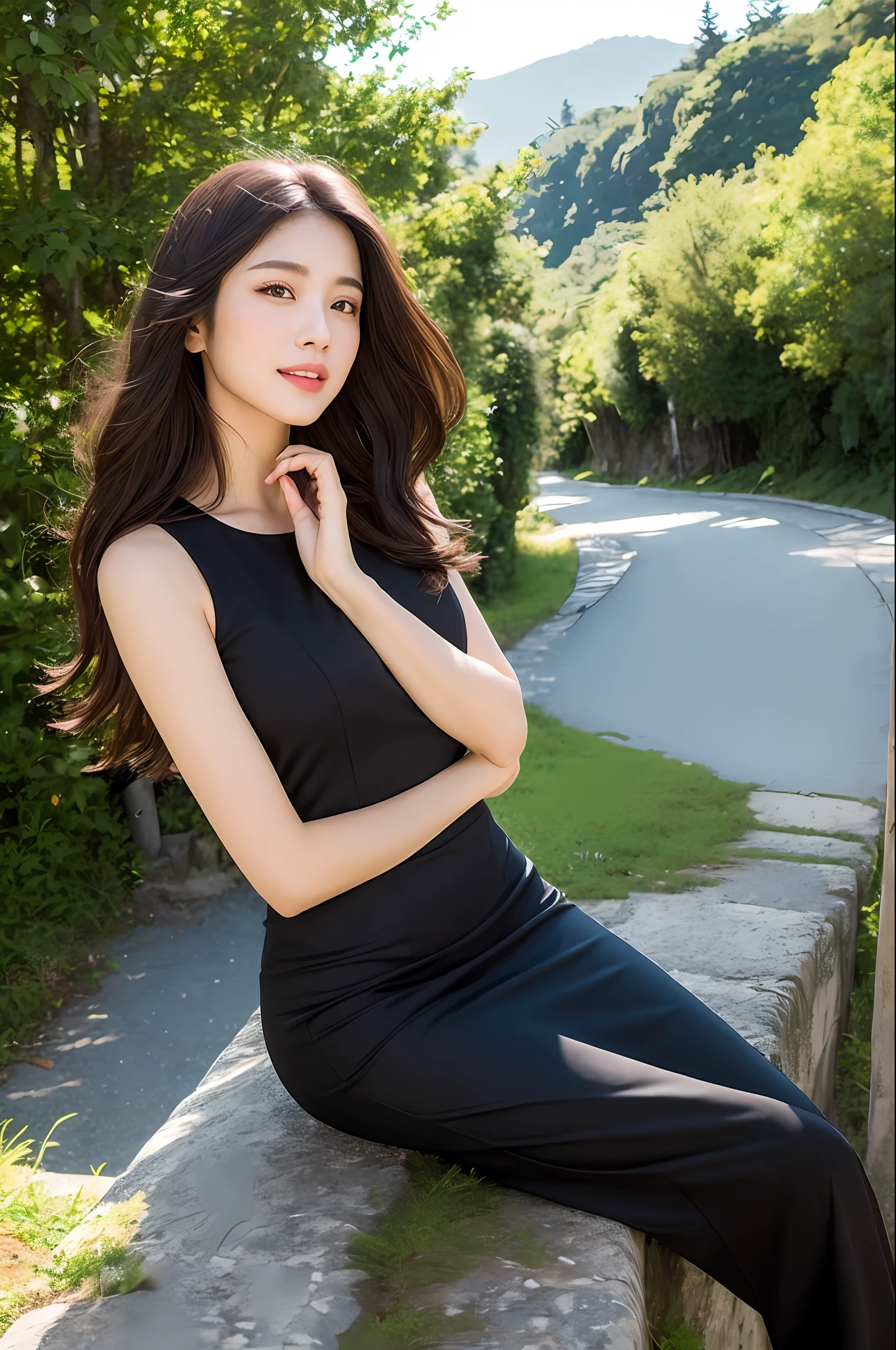 ((best qualtiy,8K,tmasterpiece:1.3)), 1girll, ssmile, full bodyesbian, Slim Faces, Beautiful woman, (dark brown hair), full length dress :1.1, Super detailed face, Detailed eyes, 二重まぶた, blur backgroun, Slim Faces,forest, 城市, do lado de fora, the street,Mountain paths
