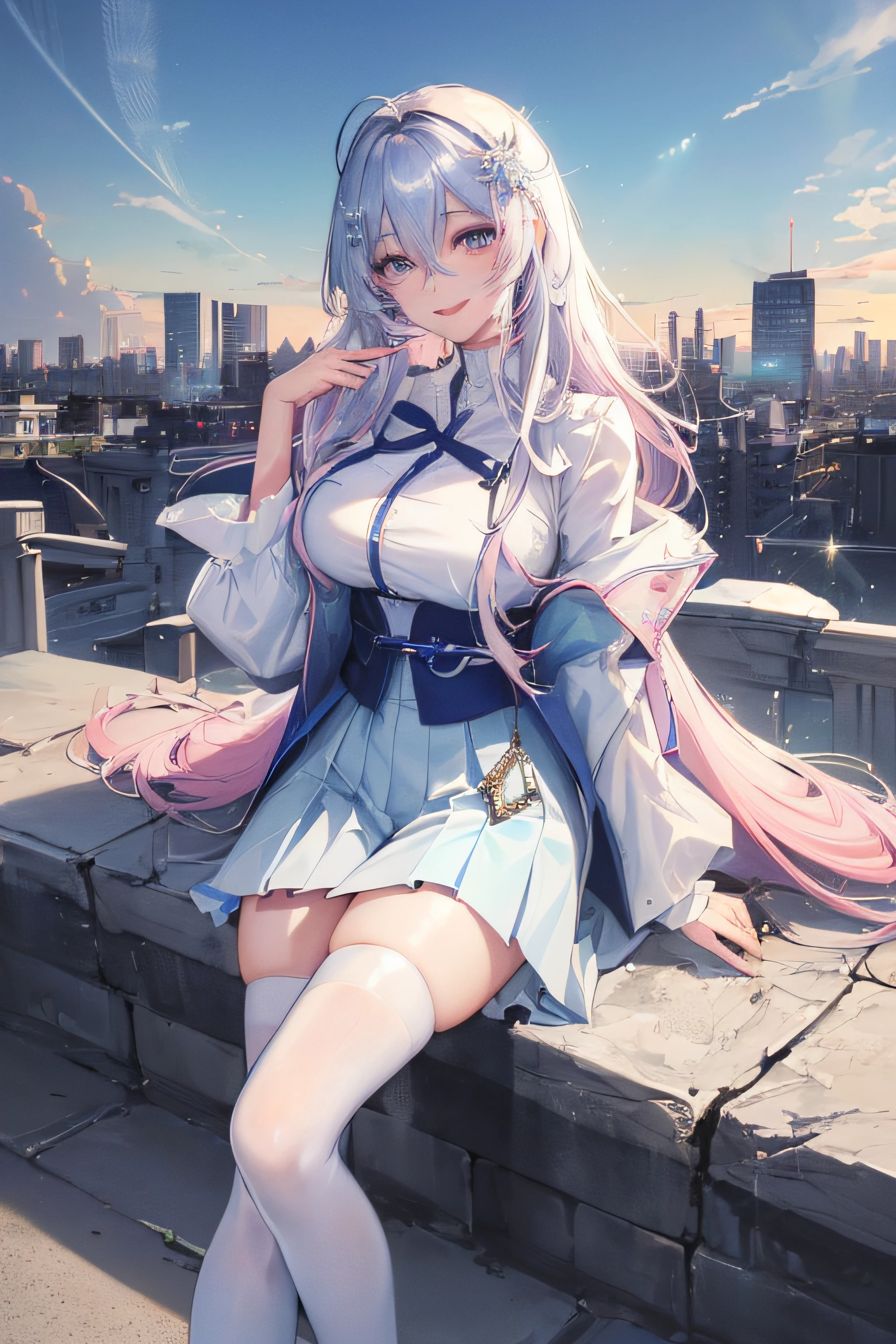 official art, masterpiece, sharp focus, (beautiful gorgeous cute Korean woman:1.3), (beautiful cute korean:1.3), korean beauty, Delicate and beautiful hair and eyes and face, realistic, ultra detailed, beautiful girl, blue sky, glow white particle, (sidelighting:1.2), sun light, white cloud, detailed clouds, slender, Lovely very large breasts and very large hips, smile with teeth, ((smile with eyes, open both eyes)), scenery, long straight hair, sexy facial expression, building, (cityscape:1.7), dynamic hair, long straight hair, detailed platinum pink hair, glow blue eyes, (blue pleated shirts + white skirt), white long socks, pale skin, hair ornament, epic scenery,