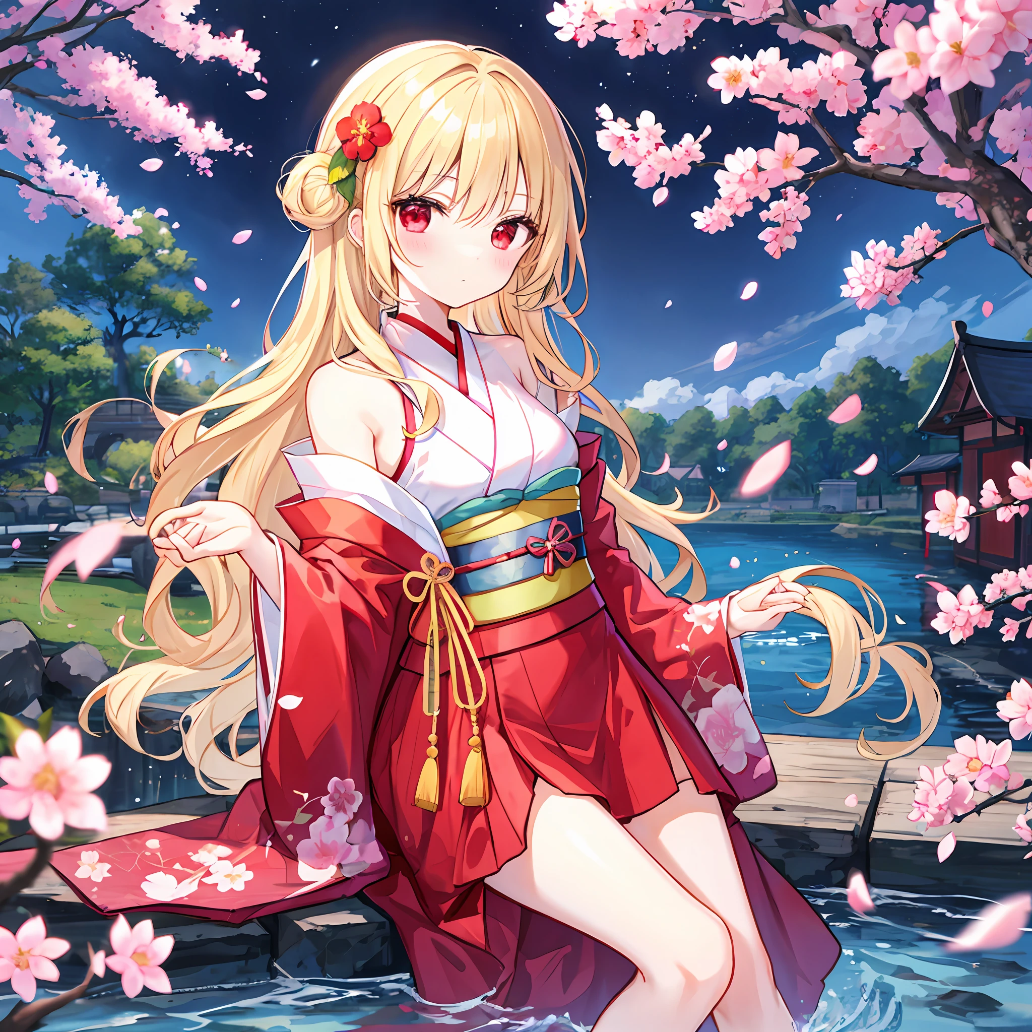 One wavy blonde girl、独奏、red eyes、Kimono、off shoulders、cherry trees、natta、Beautiful Moon