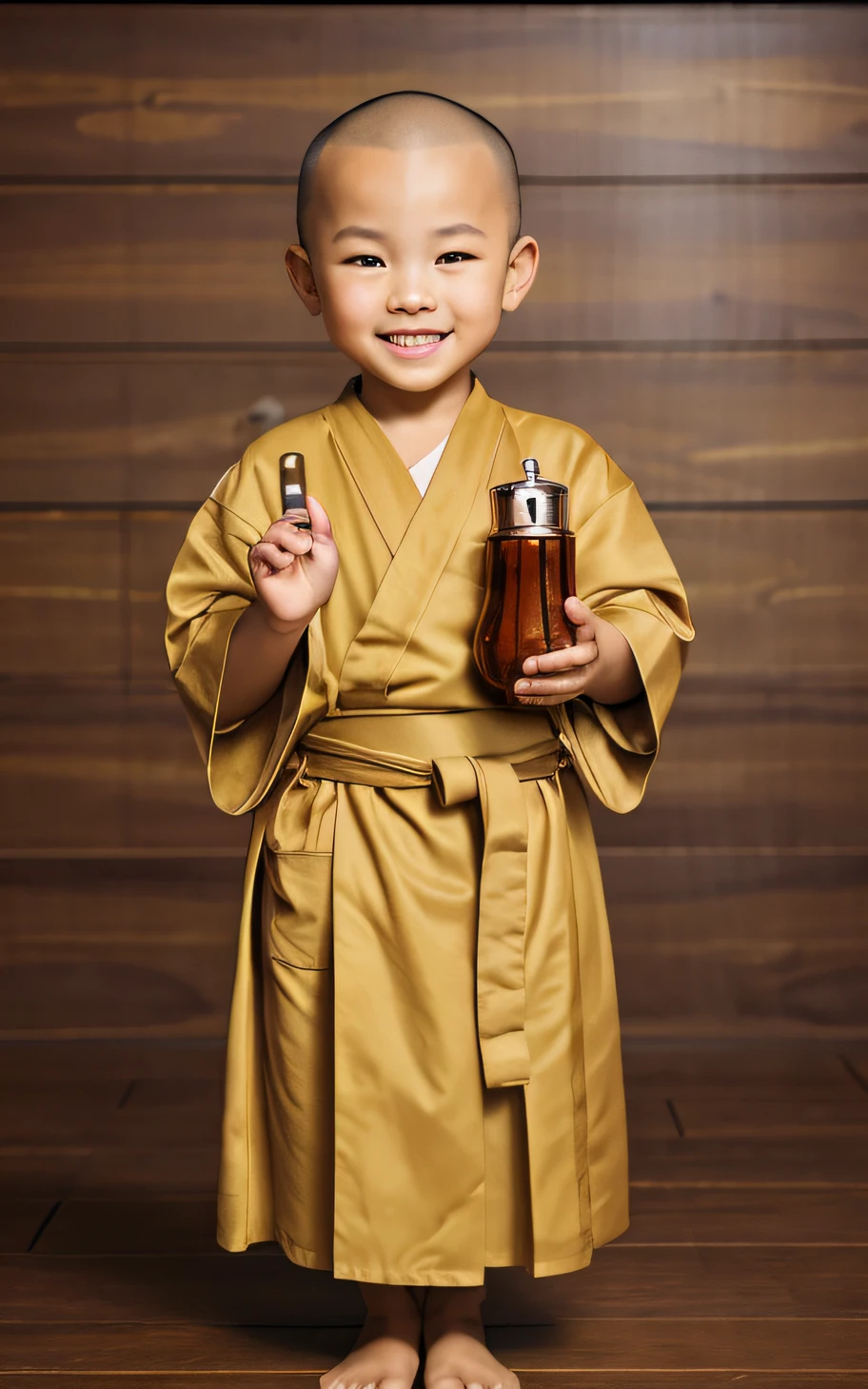 little monks，Chubby toot，A robed child of Alafeld holds a cup of tea, dressed in simple robes, dressed in simple robes, wearing brown robes, full body potrait holding bottle, wearing a long flowing robe, ancient japanese monk, Wearing a robe, wears a long robe, author：Juan O'Gorman, stockphoto, clad in robes, brown robe, holding a bottle, wearing brown jedi robes